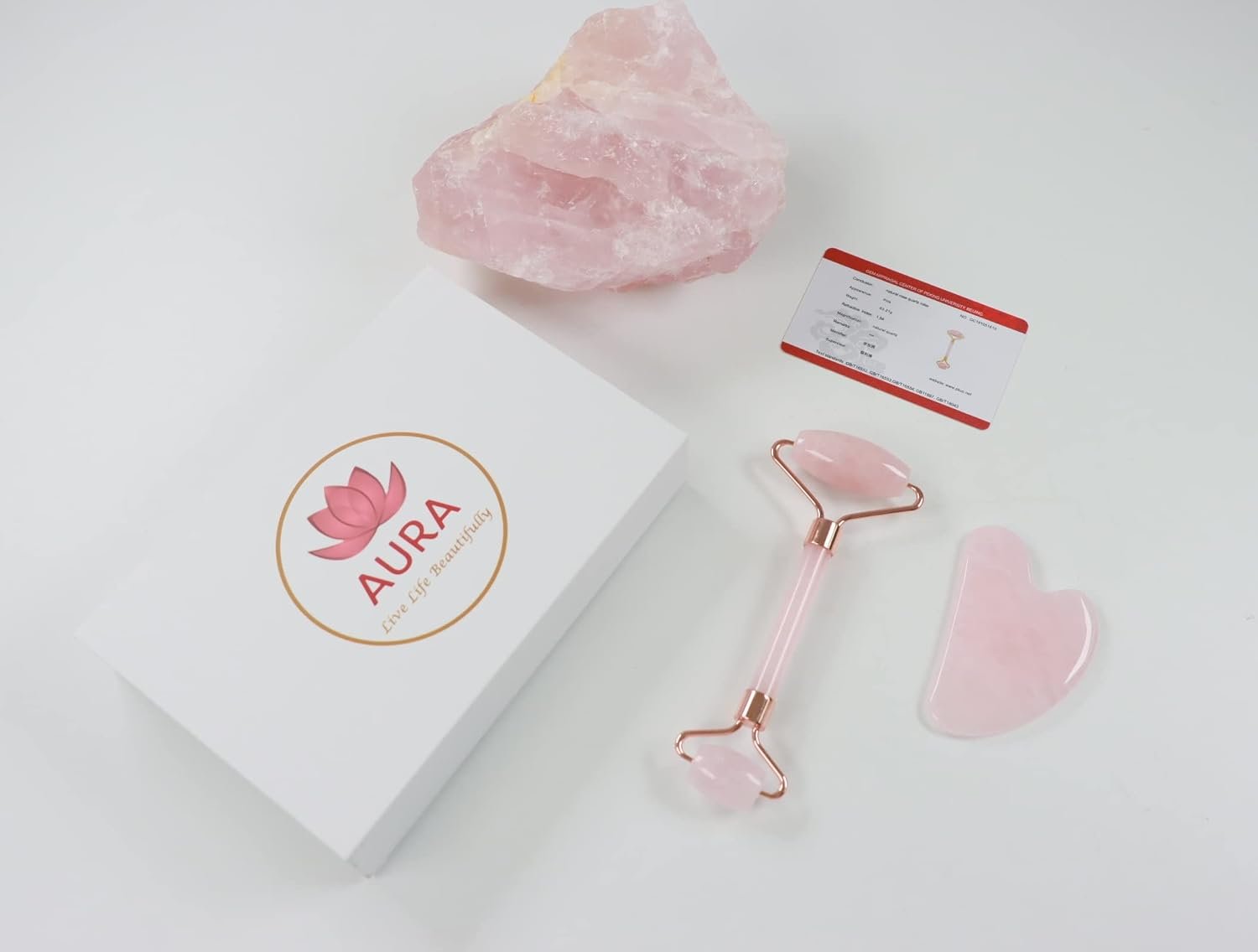 Premium Certified Luxury 100% Authentic Rose Quartz Pink Roller & Gua Sha Set for Anti-Aging Skin Care, Muscle Relaxation, Fine Line Reduction, and Eye Puffiness Relief