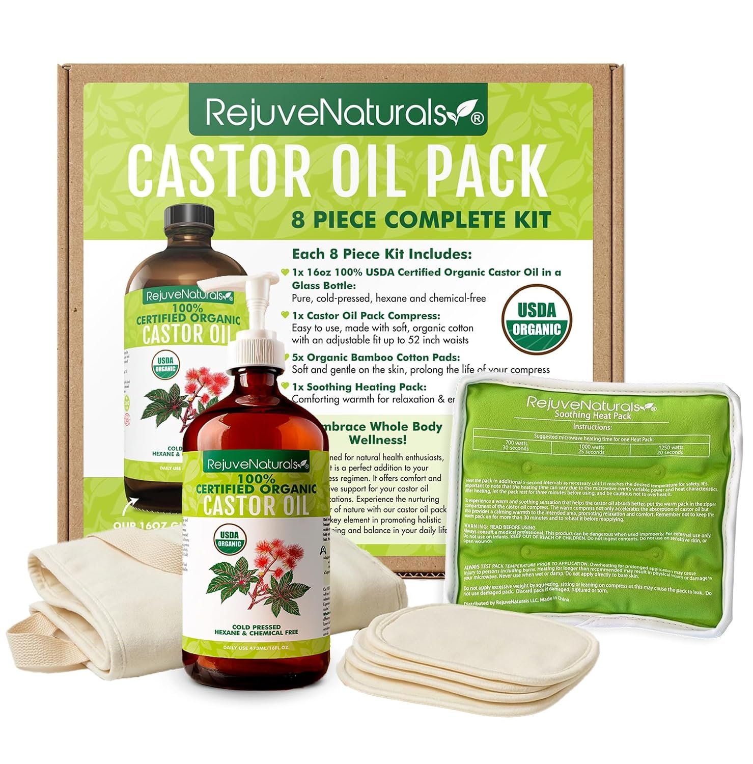 Castor Oil Pack – 8 Piece Complete Kit. Includes 16oz Glass Bottle of Organic Castor Oil, Easy to use Organic Cotton Compress with Adjustable Fit, 5 Soft Cotton Pads & Soothing Heat Pack..