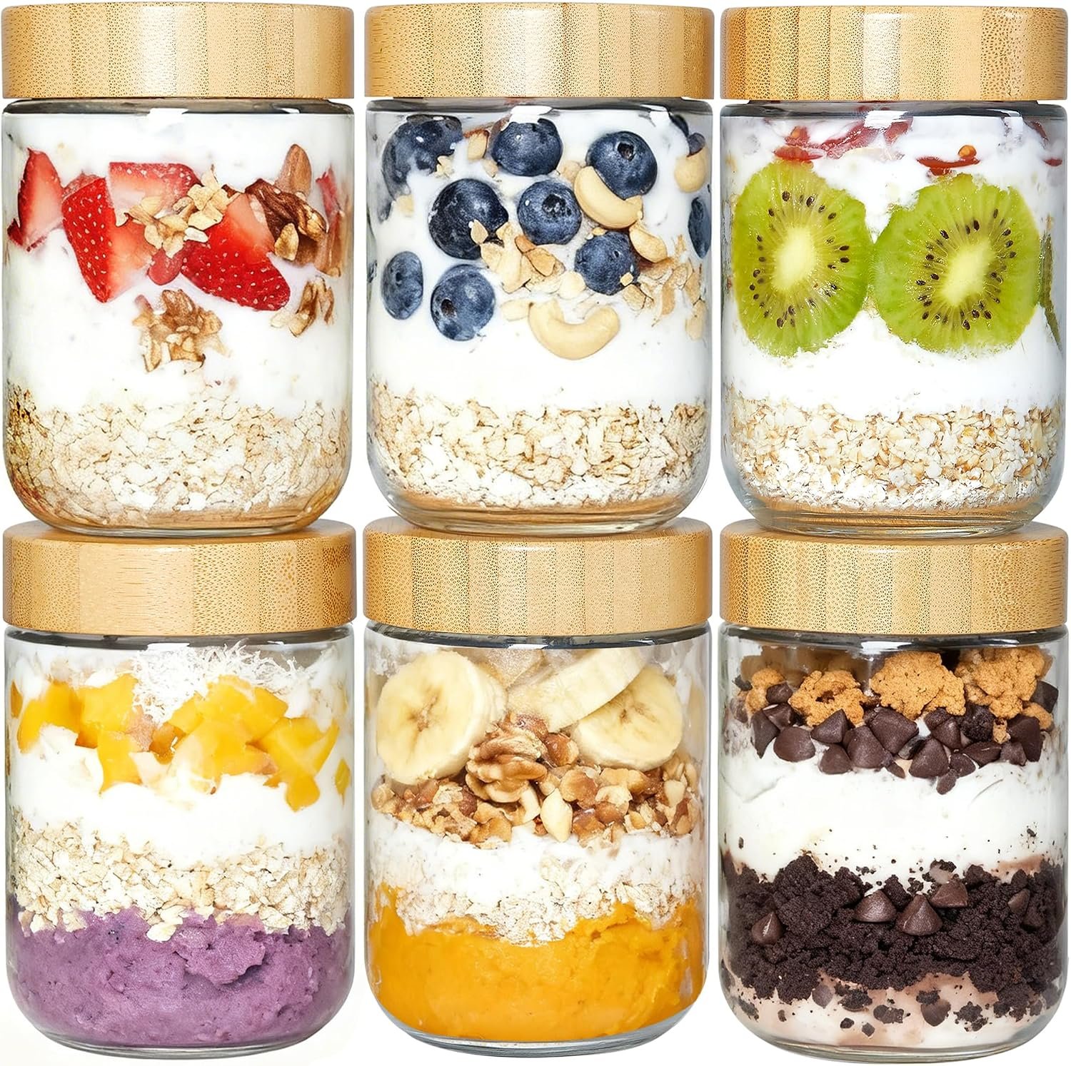 Vtopmart 6 Pack 16oz Glass Overnight Oats Containers with Bamboo Lids