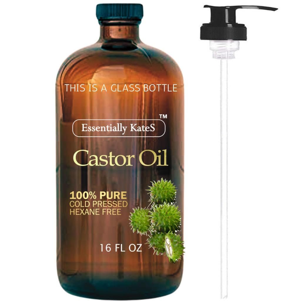 Essentially KateS Castor Oil 16 Fl Oz (Glass Bottle) – Original – A Huge Glass Bottle with a Pump – 100% Pure and Natural, Cold Pressed, and Hexane-Free – Hair and Body