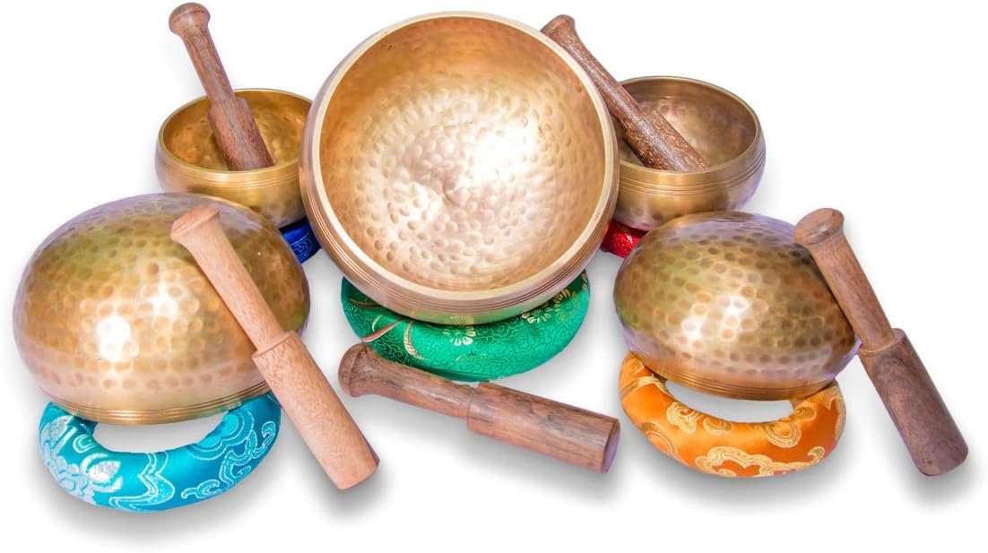 Tibetan Singing Bowl Set of 5, Authentic 7 metals Meditation Sound Bowl for Yoga, Chakra healing, Deep Relaxation, Stress Relief and Mindfulness, Handmade in Nepal, comes w/silk cushions and 5 sticks