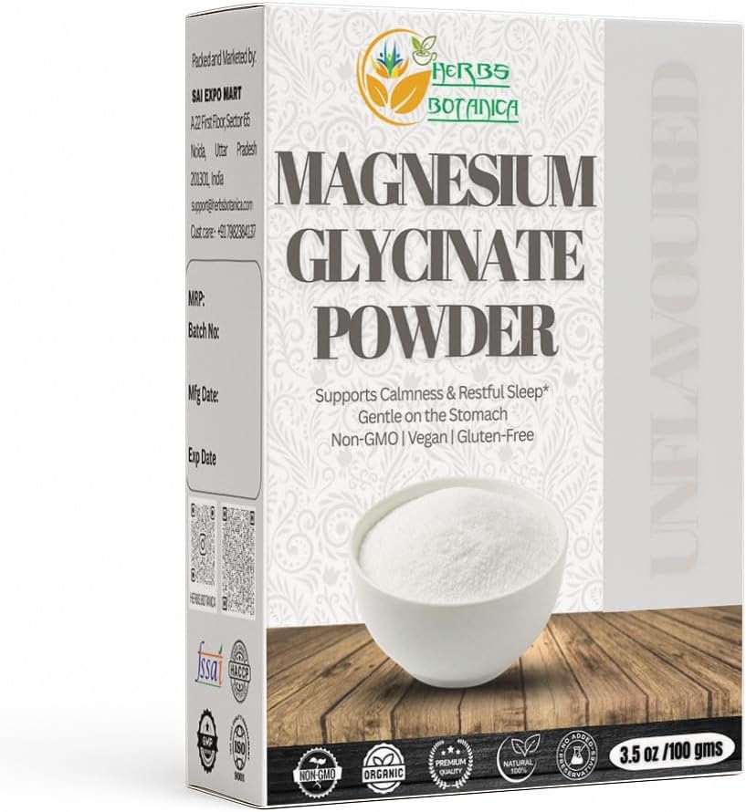 Herbs Botanica Magnesium Glycinate Powder 3.5 oz (100g) – Pure Elemental Magnesium Bisglycinate – High Solubility Food Grade Mineral – Unflavored Powder for Beverages & Smoothies – Vegan, Non-GMO