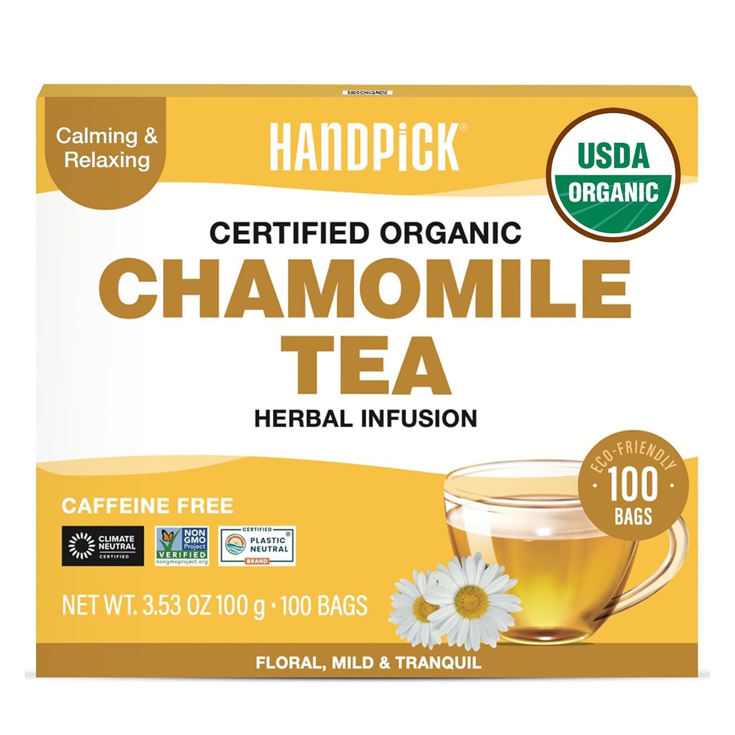 HANDPICK Organic Chamomile Tea (100 Tea Bags) Pure Floral Chamomile Tea