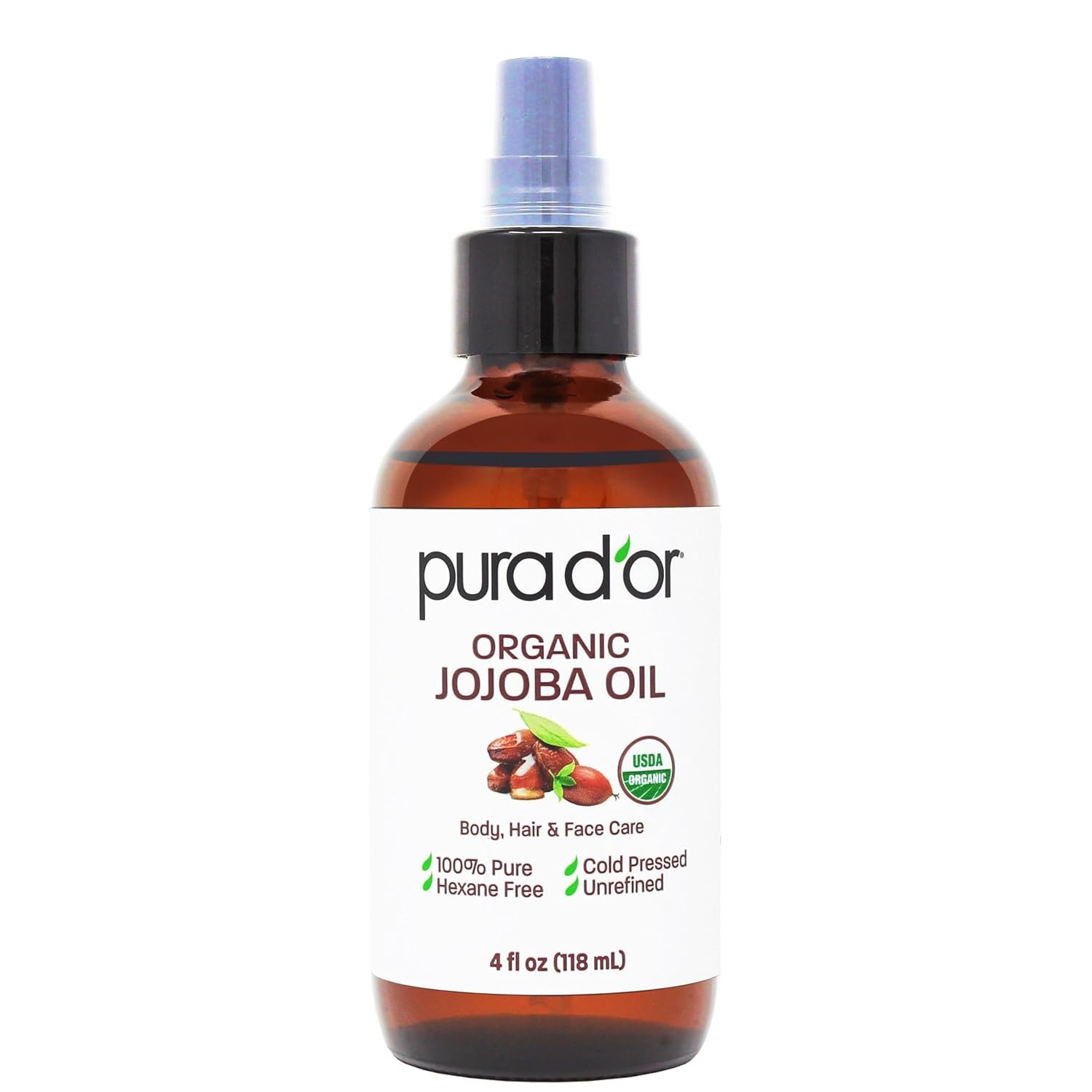 PURA D’OR ORGANIC Jojoba Oil Pure Cold-Pressed for Face Hair & Body, 4oz