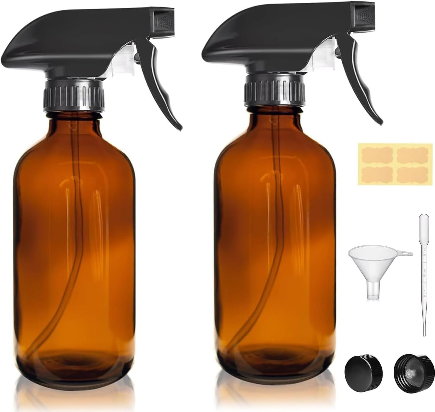 LANBEAUTIFY 8oz Amber Glass Spray Bottles – 2 Pack Empty Refillable Bottles for Cleaning, Hair Care, Essential Oils, Plants – Includes Durable Nozzle, Labels, Funnel & Dropper, Handheld Size