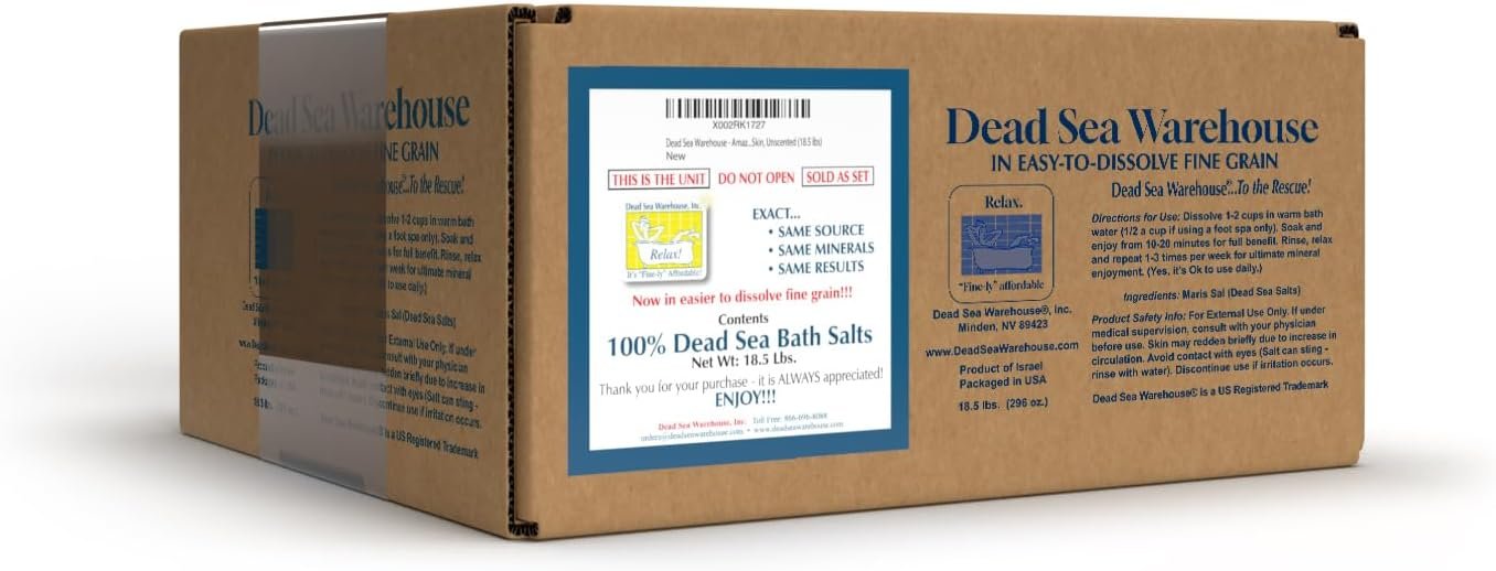 Dead Sea Warehouse – 100% Dead Sea Mineral Bath Salts – Great for Soothing Muscles Aches, Relaxation, Alleviate Skin Issues – Unscented – 18.5lbs (1 Box)