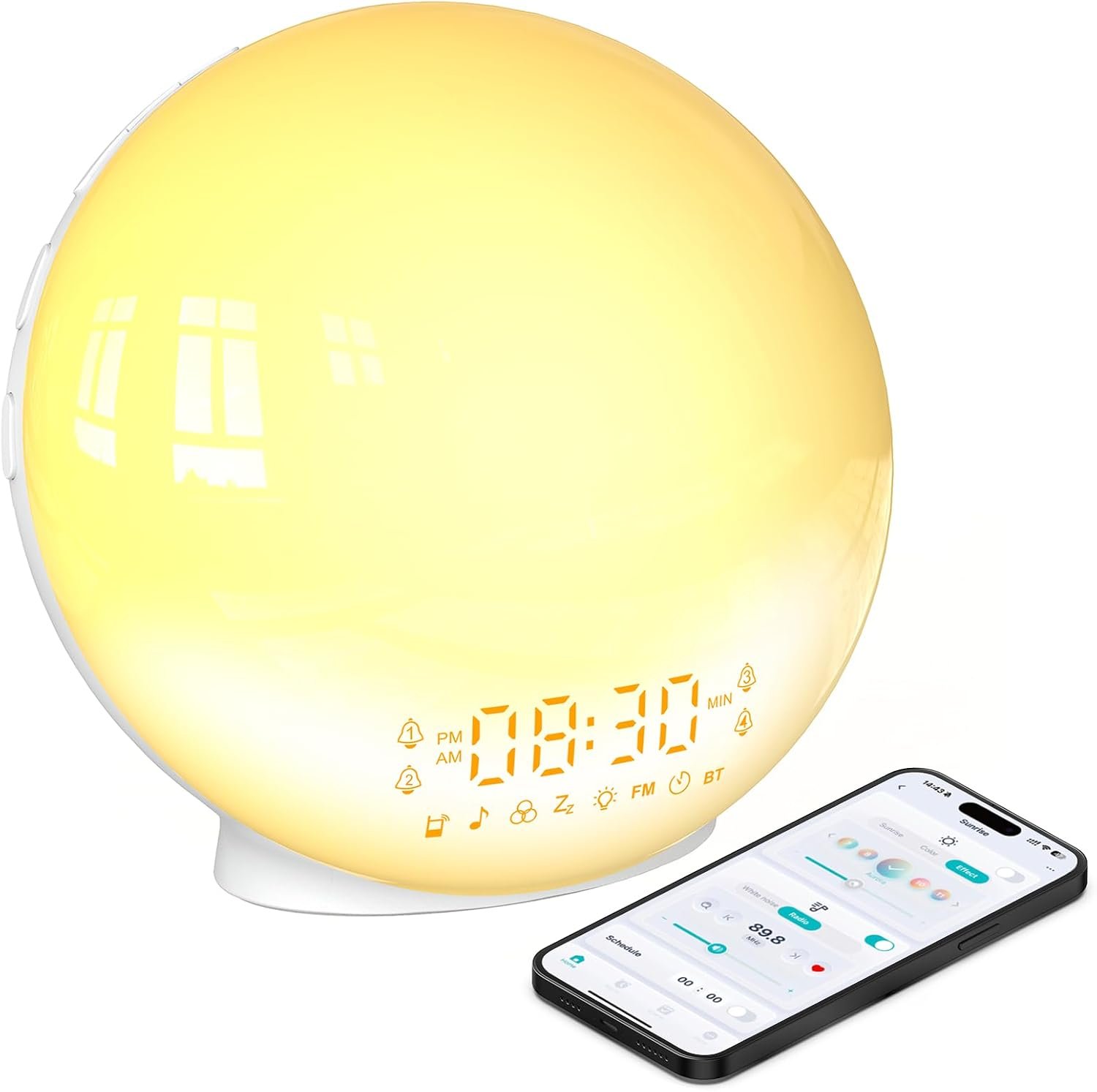 Smart Sunrise Alarm Clock with No Signup APP Control & Wake-Up Light, 4 Alarms, Sound Machine, FM Radio, Wireless Speaker, White