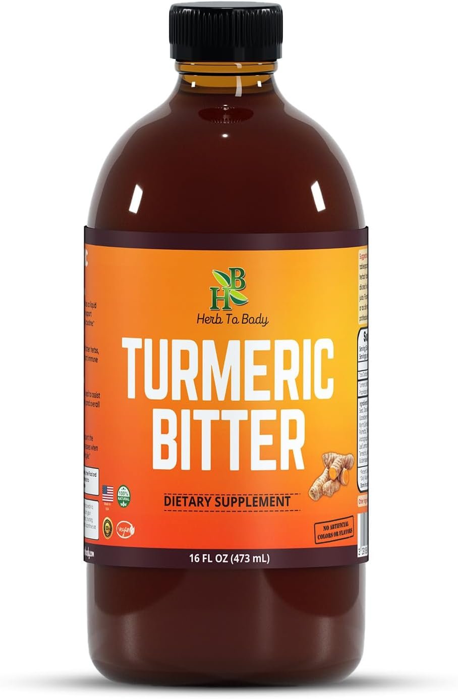 Herb To Body Turmeric Bitters Liquid, 16oz – with Turmeric Root & Natural Herbal Blend, Herbal Detox & Digestive Bitters, Liquid Supplement for Wellness & Balance