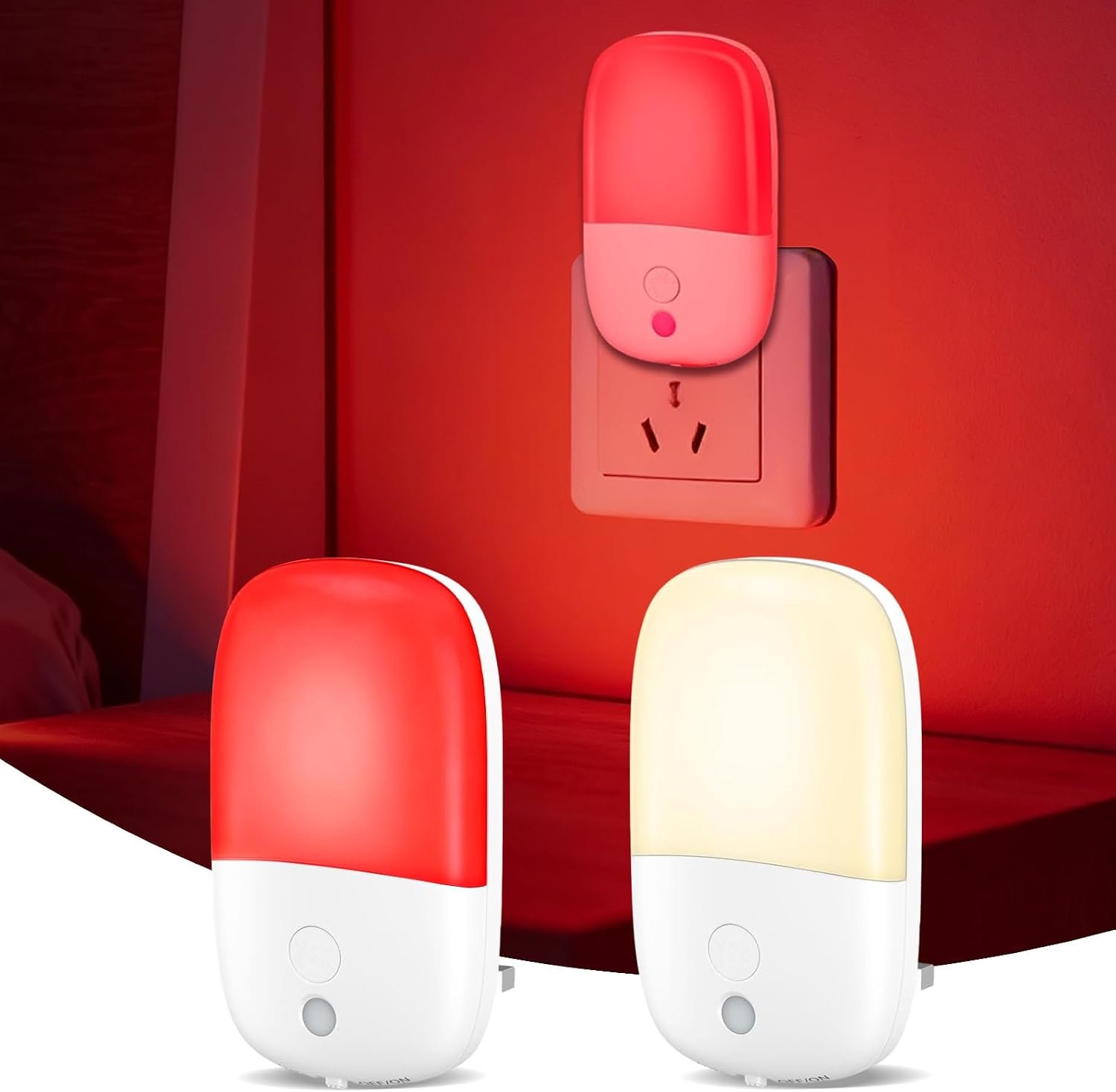 670nm Red Light Night Light for Sleep Therapy, [2 Pack] – 2 Color Modes, Zero Blue Light, Auto Dusk to Dawn Sensor, 0.5W Dimmable LED Nightlights for Kids Adults Bedroom, Hallway, Bathroom, Stairs