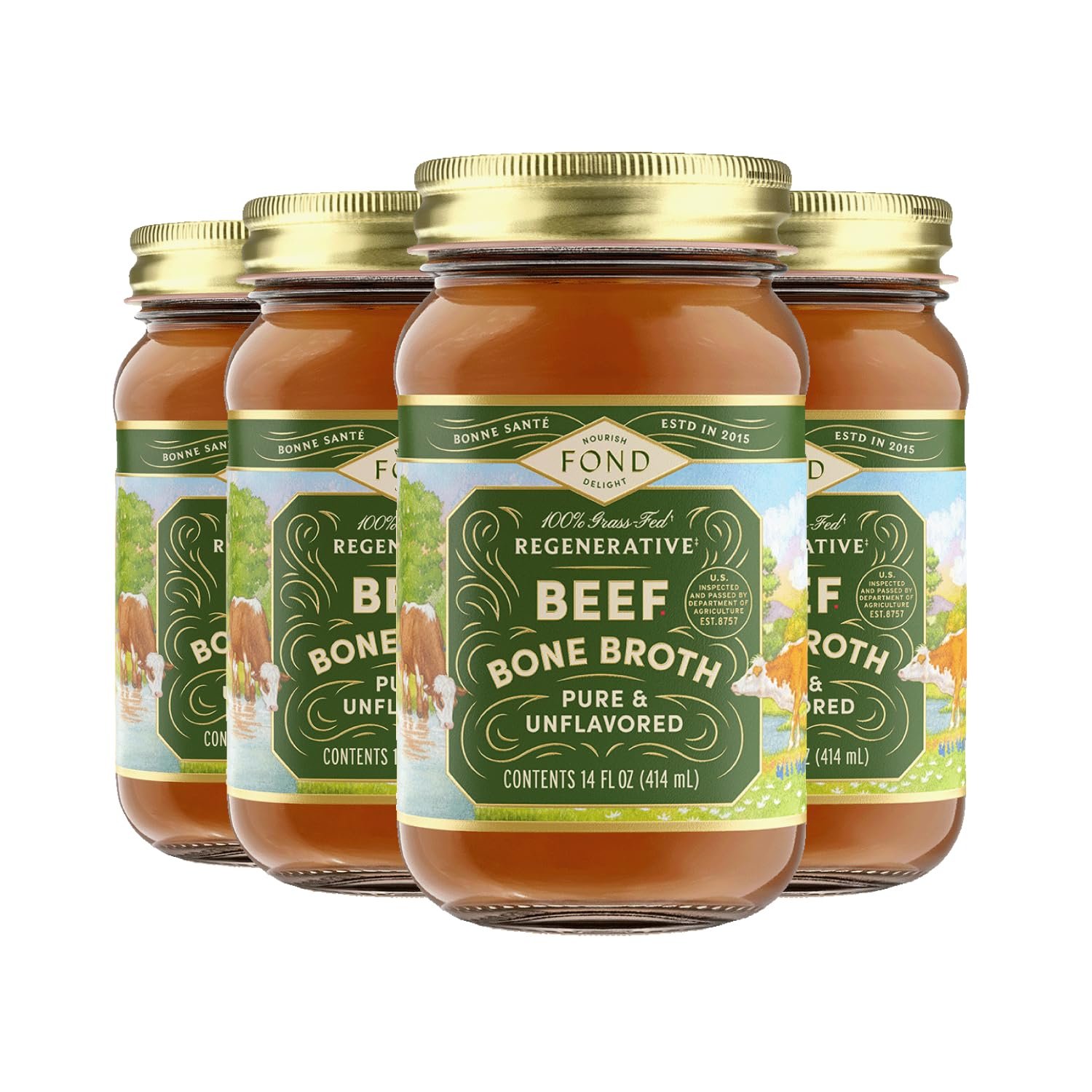 FOND 100% Grass-Fed Beef Bone Broth, Pure & Unflavored, 4-Pack