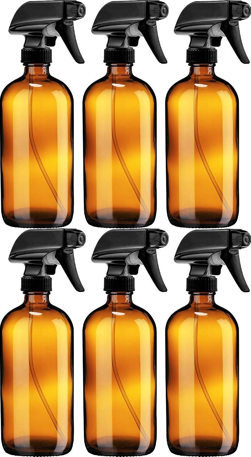Sally’s Organics Empty Amber Glass Spray Bottle – Large 16 oz Refillable Container for Essential Oils, Cleaning Products, or Aromatherapy – Black Trigger Sprayer w/Mist and Stream Settings – 6 Pack