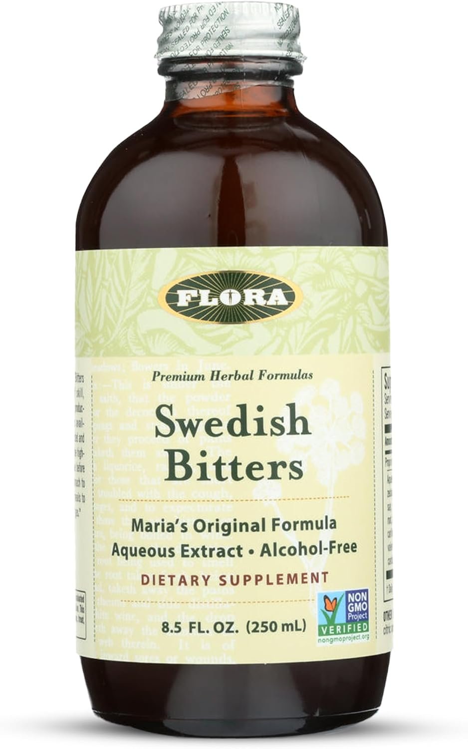 Flora Swedish Bitters – Vegan Digestive Health Supplement – Maria’s Original Formula – Includes Angelica Root, Valerian Root, Myrrh Resin & More – Non-GMO & Kosher – 8.5 fl. oz Glass Bottle