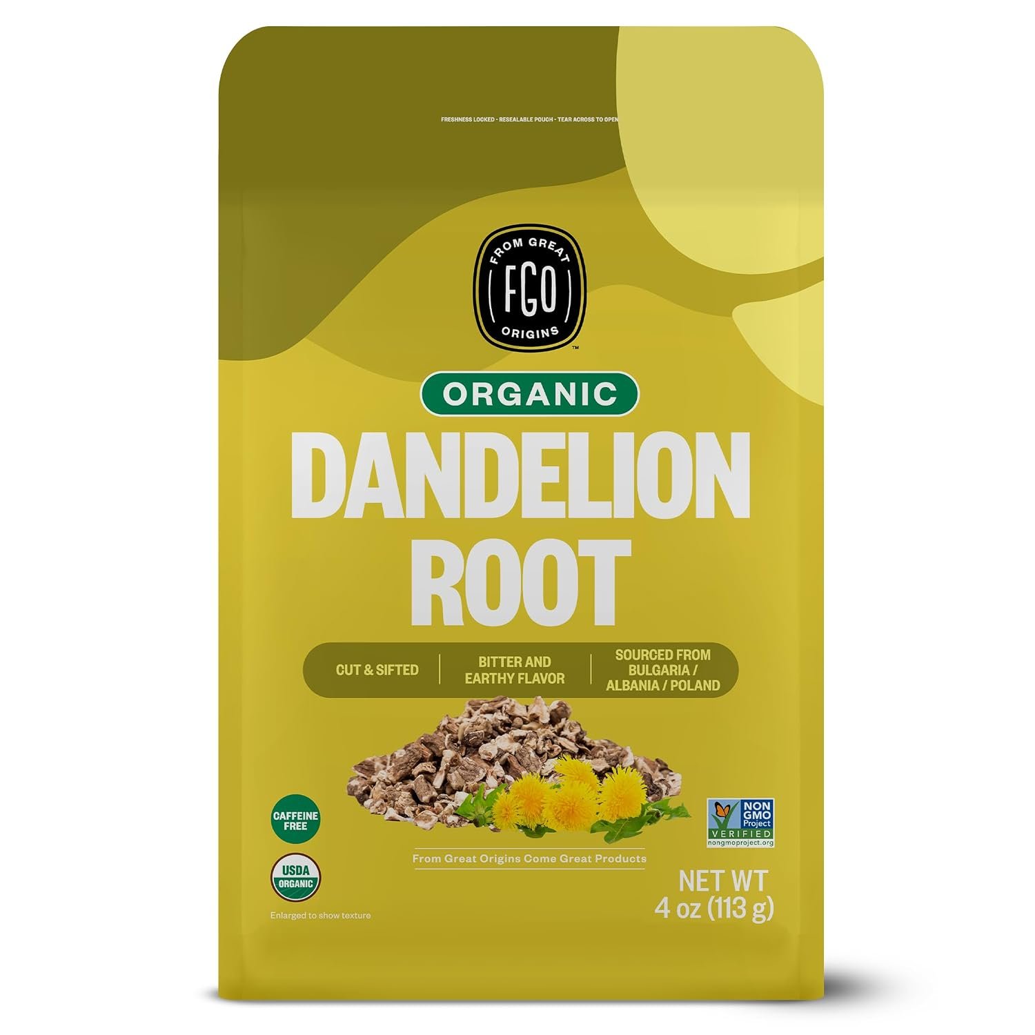 FGO Organic Dandelion Root, Cut and Sifted Loose Tea, 4 Ounce Resealable Bag, Packaging May Vary (Pack of 1)