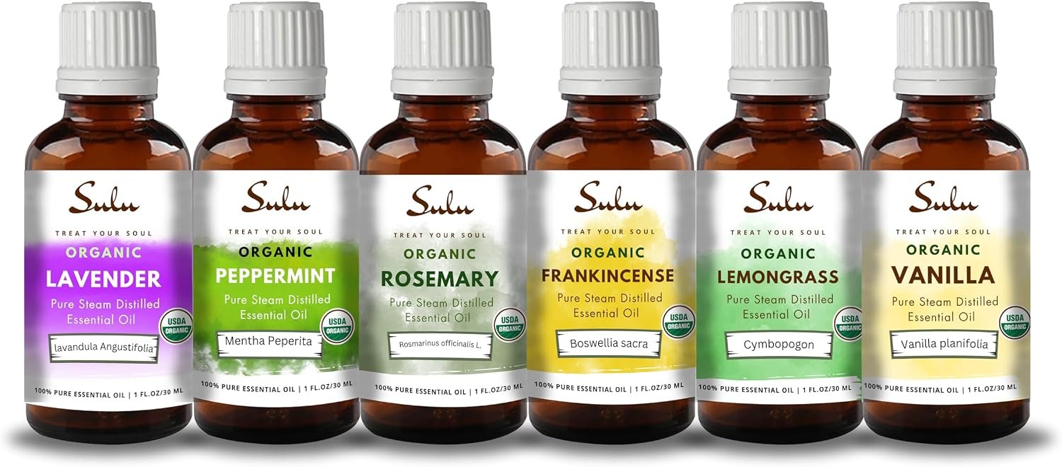 Set of 6 USDA Organic Steam Distilled Essential Oils: Lavender, Peppermint, Rosemary, Frankincense,Lemongrass and Vanilla (Each 0.5 fl.oz)