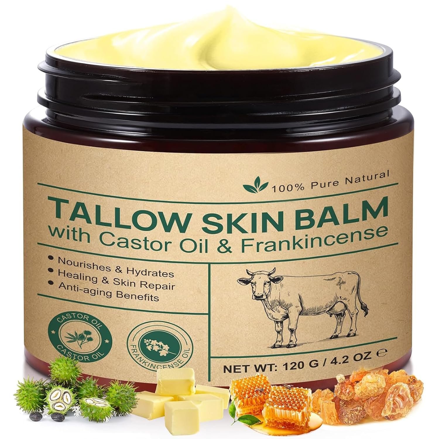 Beef Tallow for Skin & Face Cream with Castor Oil and Frankincense,120g,Organic Natural 100% Grass Fed,Whipped Beef Tallow Balm Deeply Moisturizing for Face & Body Care,4.2 oz
