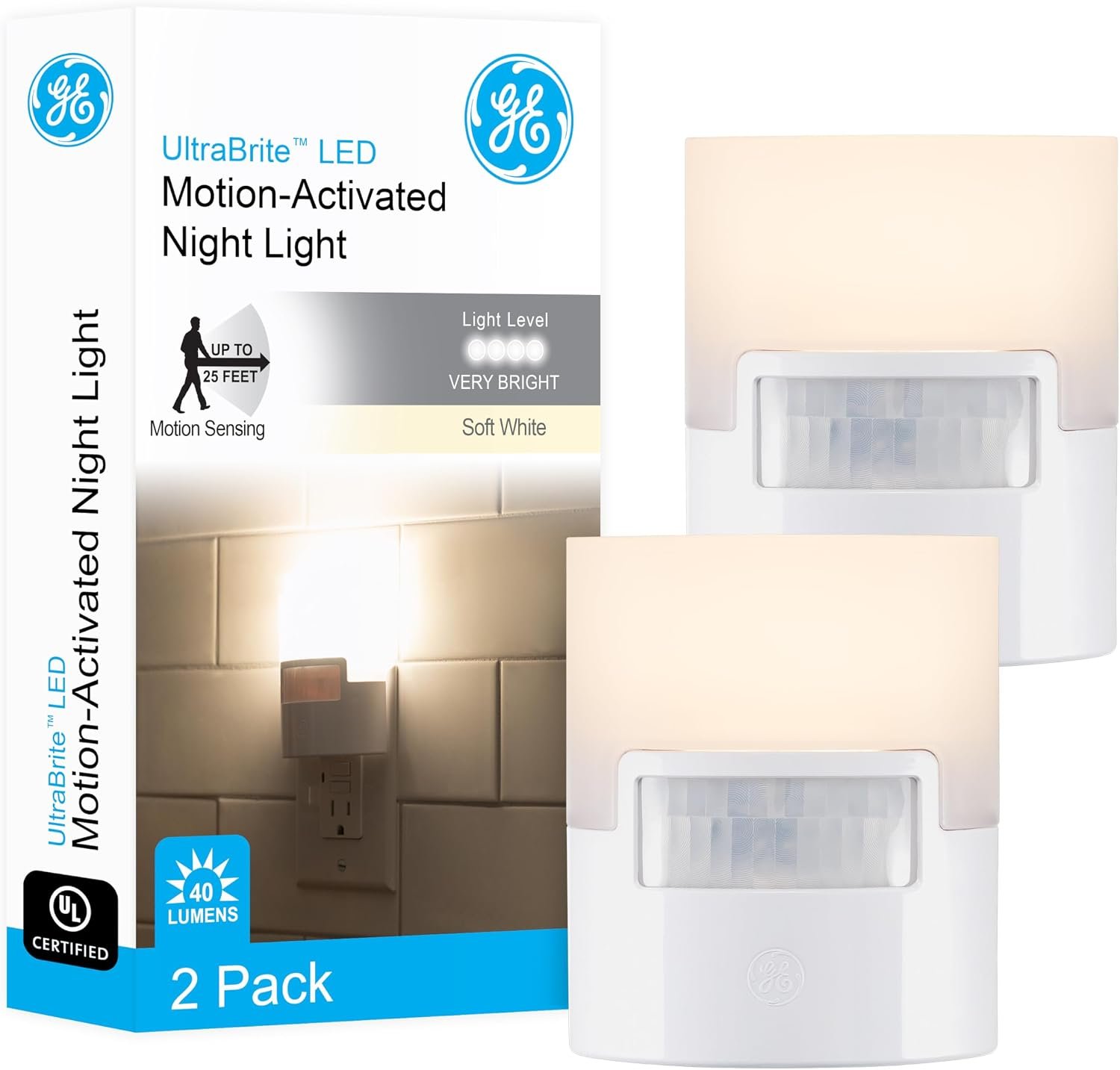GE Plug in Night Light with Motion Sensor, 40 Lumens, 2 Pack