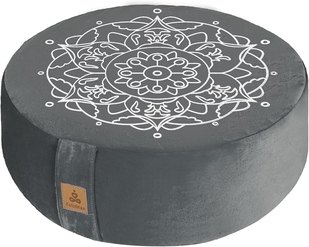 Embroidered Meditation Pillow D=16″ H=5.5″ Round Velvet Meditation Cushion Yoga Bolster Floor Pouf Zafu Natural Buckwheat hulls Sitting on Floor Removable Organic Cotton Cover Large Kneeling Pillow