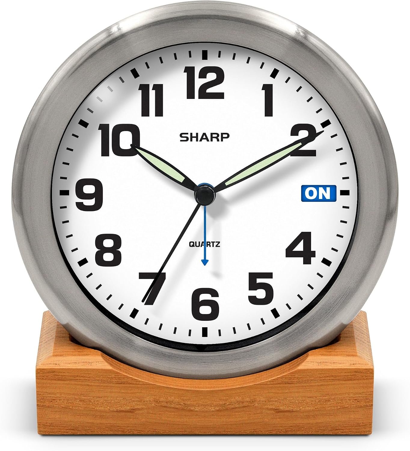 Sharp Silent Sweep Non-Ticking Analog Alarm Desk Metal Clock, Wood Stand