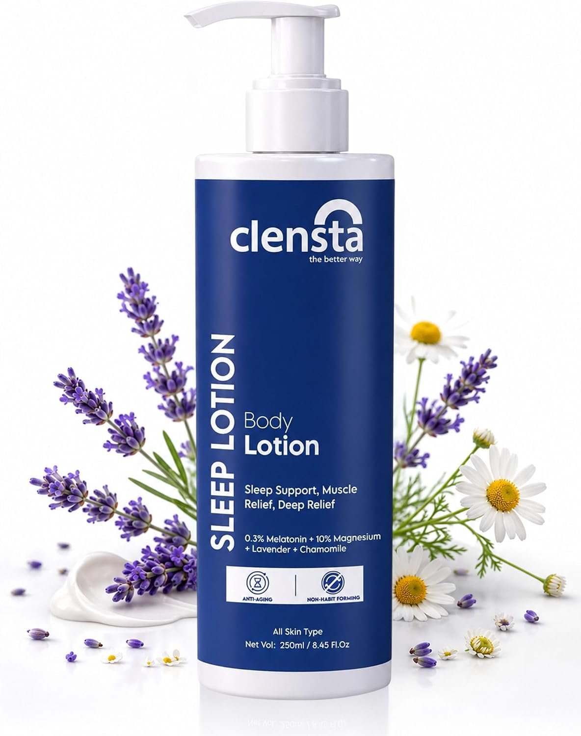 Clensta Sleep Body Lotion with Melatonin, Magnesium & Lavender Oil for Deep & Restful Sleep Promotes Muscle Recovery, Relieves Pain & Reduces Signs of Aging 250 ml