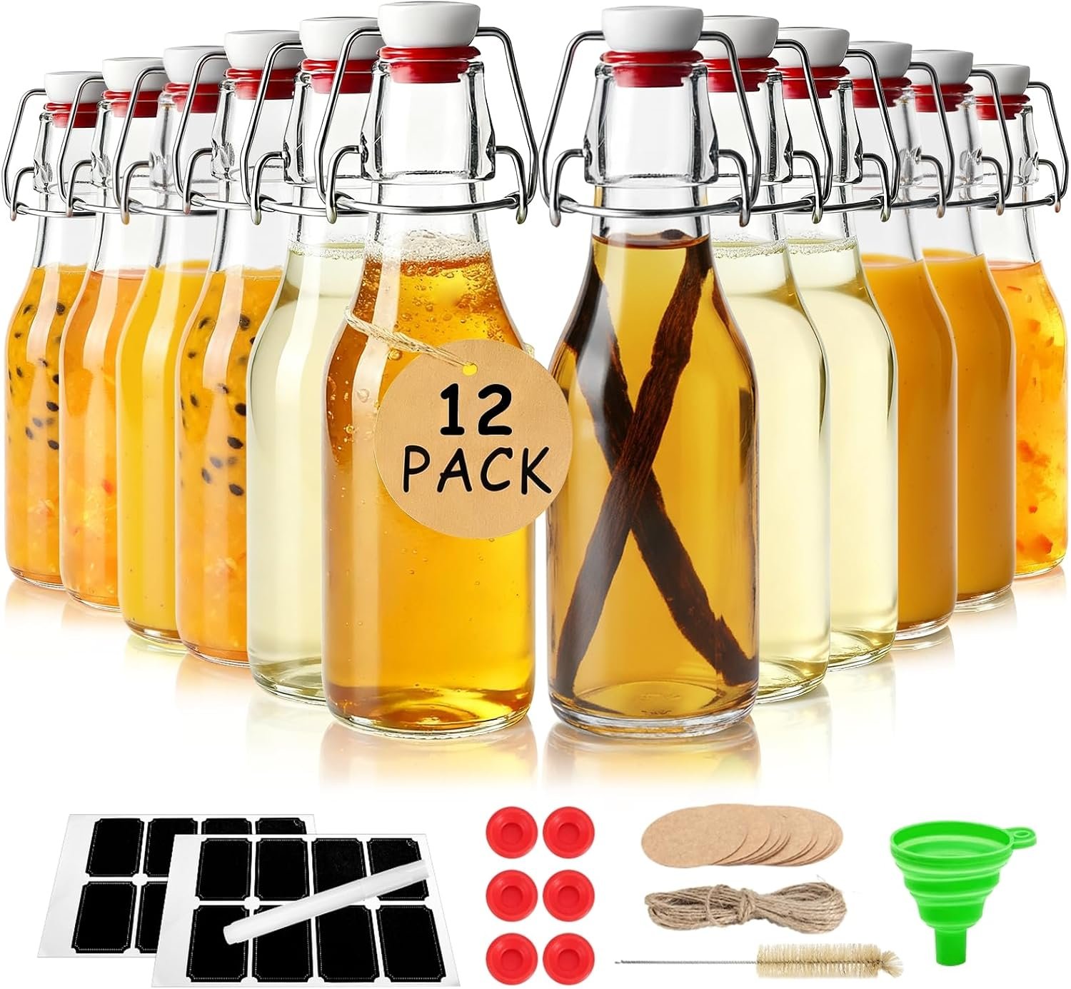 Ruckae 12pack 8.5oz Swing Top Glass Bottles with Airtight Lids for Vanilla