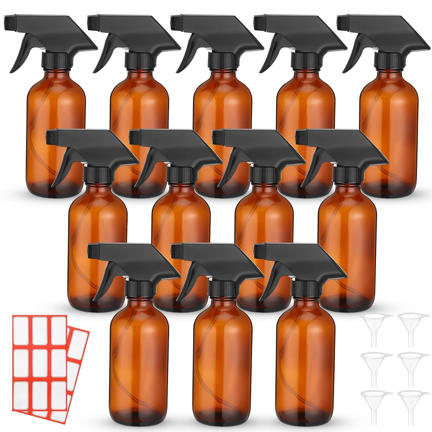 Norme 12 Pcs 8 oz Glass Spray Bottles, Funnels and Labels, Amber, Classic