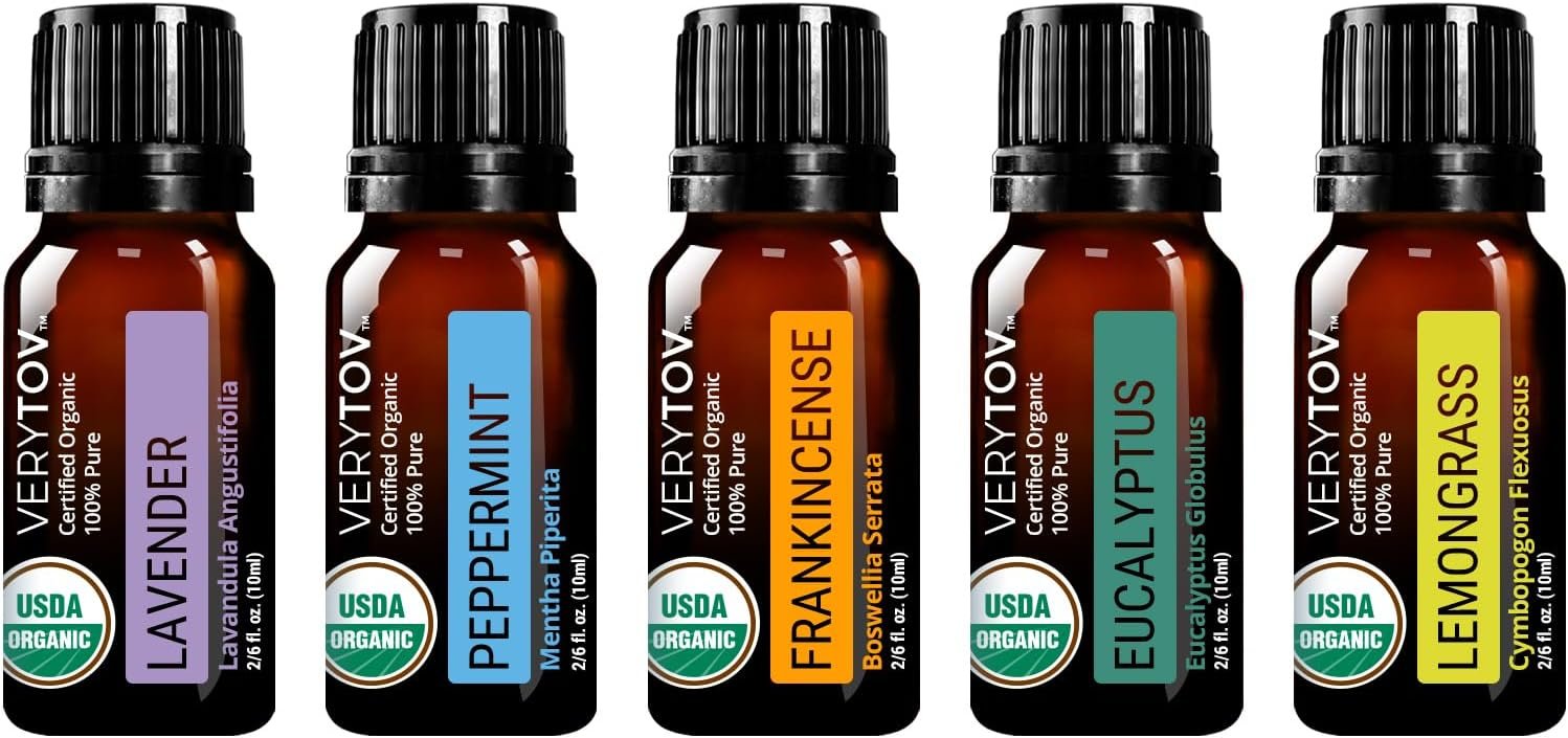 Premium USDA Organic Essential Oils Set – 100% Pure Natural Undiluted, for Aromatherapy Diffuser, 5x10ml