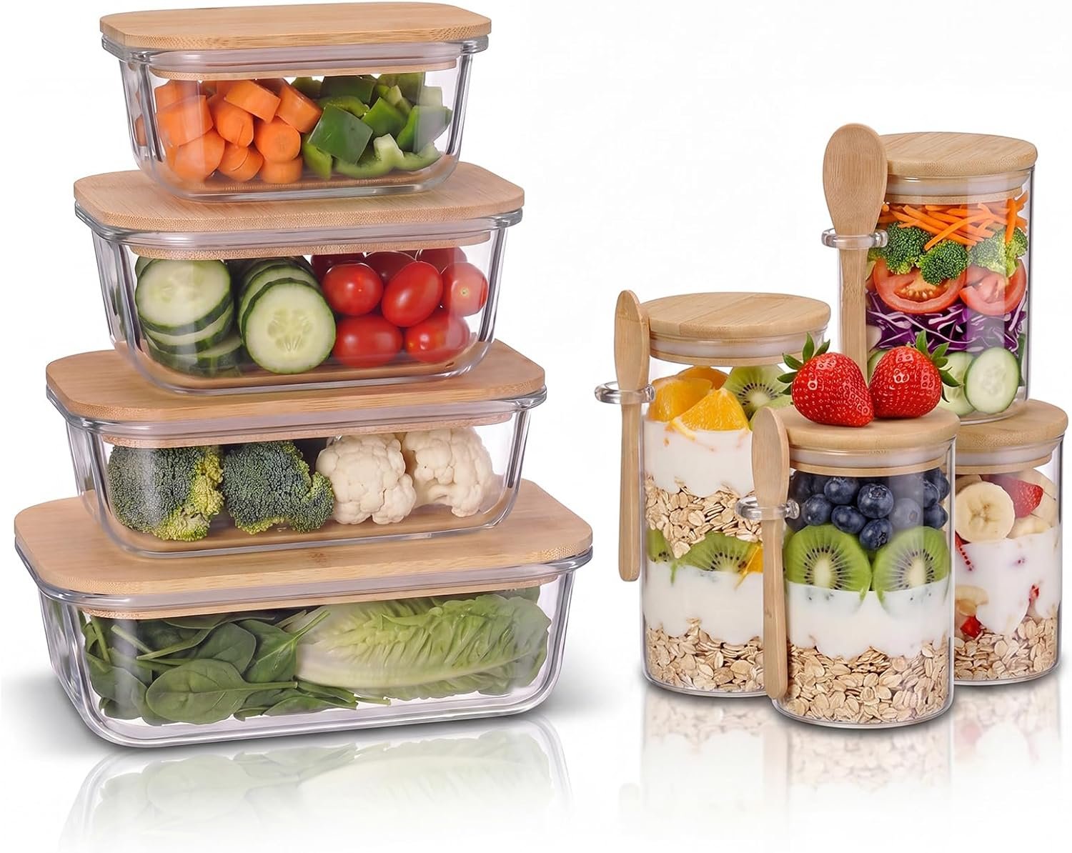 8 Pcs Glass Containers Set, Glass Food Containers with Overnight Oats Jars