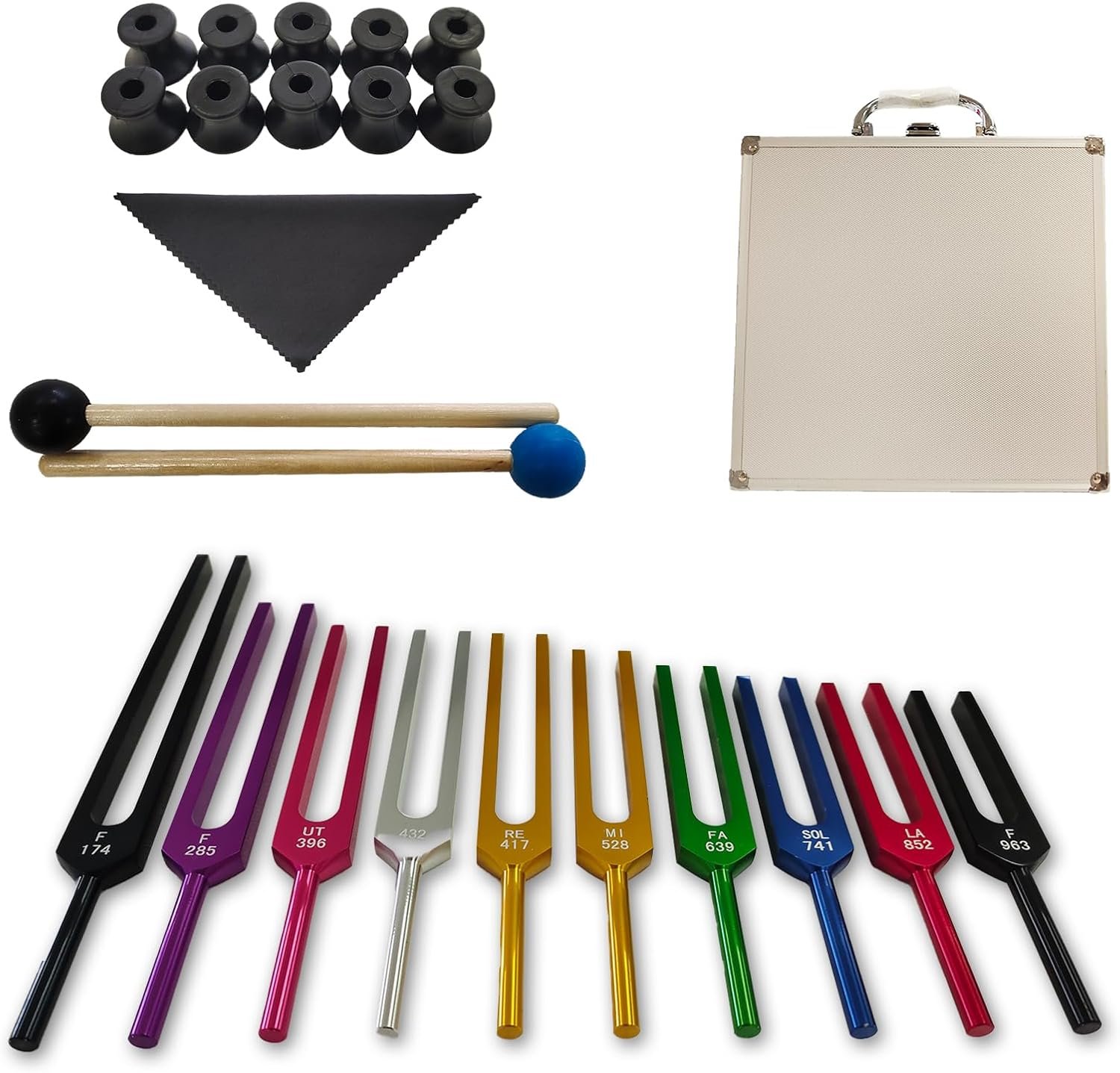 MIMIRACLE Solfeggio Tuning Forks Set – 10 Unweighted Aluminum Alloy Forks with Cleaning Cloth, Rubber Mallets, and Gift Box for Meditation, Yoga, and Healing