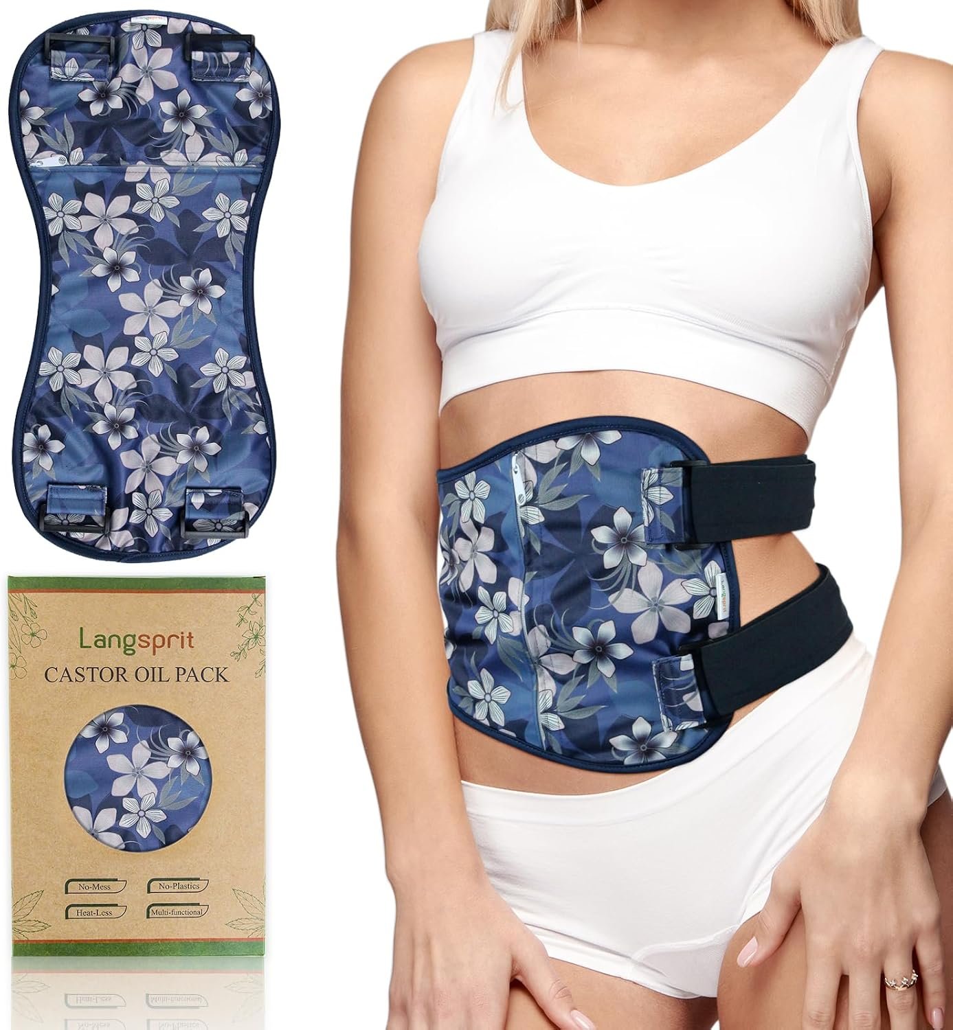 Langsprit Castor Oil Pack Wrap, Reusable Castor Oil Packs for Stomach and Liver Detox, Castor Oil Pads Compress (Floral Large)