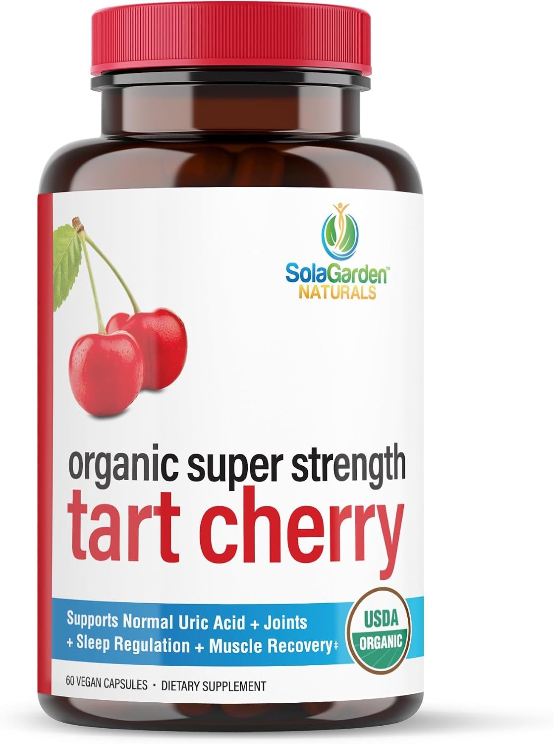 USDA Organic Super Strength Tart Cherry Supplement, 50:1 Extract of Non-GMO Organic Cherries, by SolaGarden Naturals, 60 Non-GMO Vegan Capsules, Supports Normal Uric Acid, Made in USA