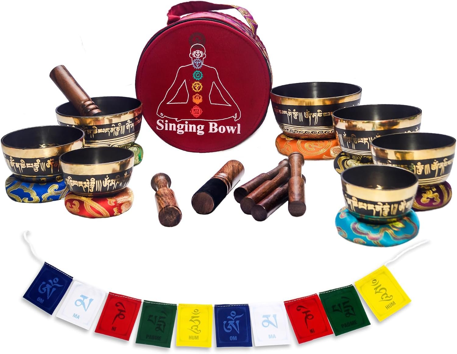 KHUSI Tibetan Singing Bowl Set of 7, Bronze Symphony Bowls, Hand-Chiseled Divine Mantra Engraving, Thadobati, Silk Cushions, 7 Sticks & Brocade Box