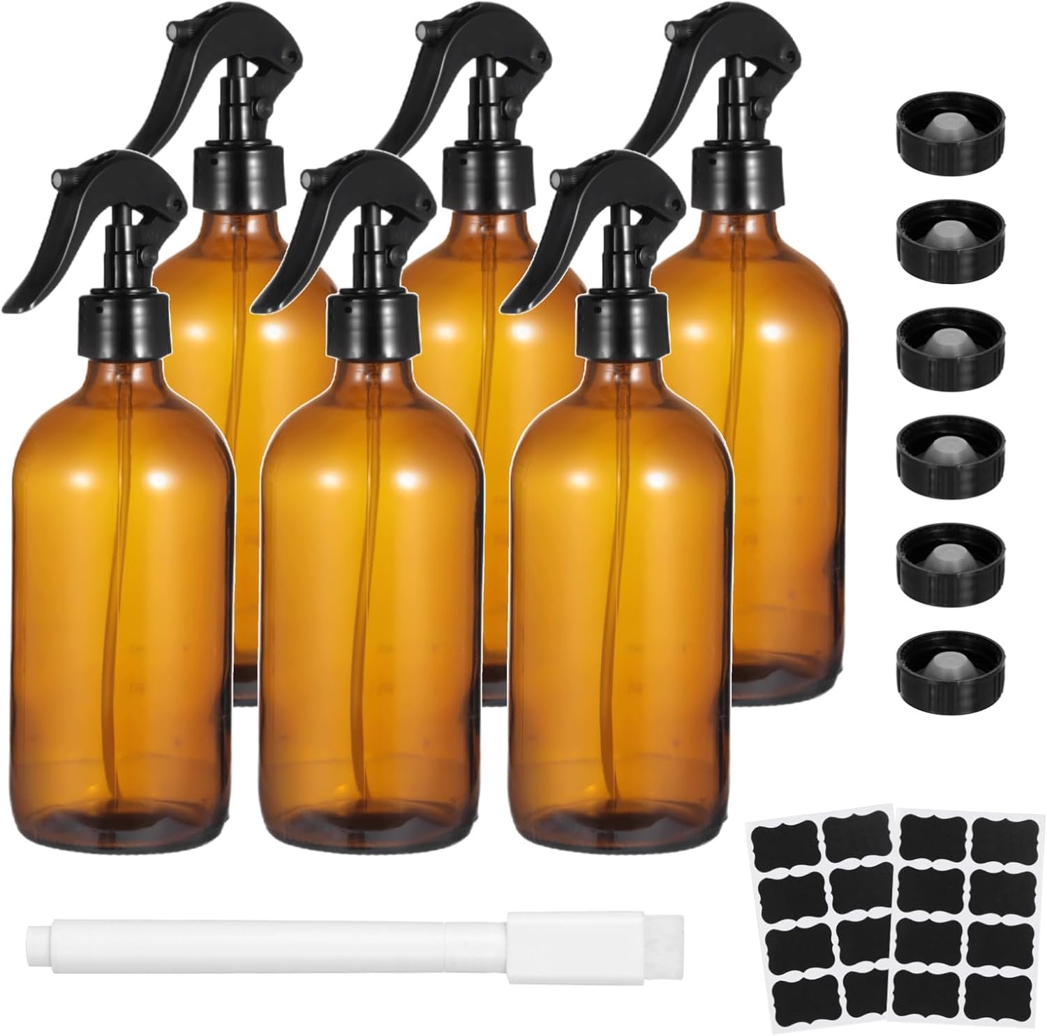 OMISTAR 6 Pcs 16 oz Amber Glass Spray Bottles for Cleaning – Empty Glass Spray Bottle Set with Labels and Pen, Refillable Container for Essential Oils, Trigger Sprayer, Adjustable Nozzl, Leakproof