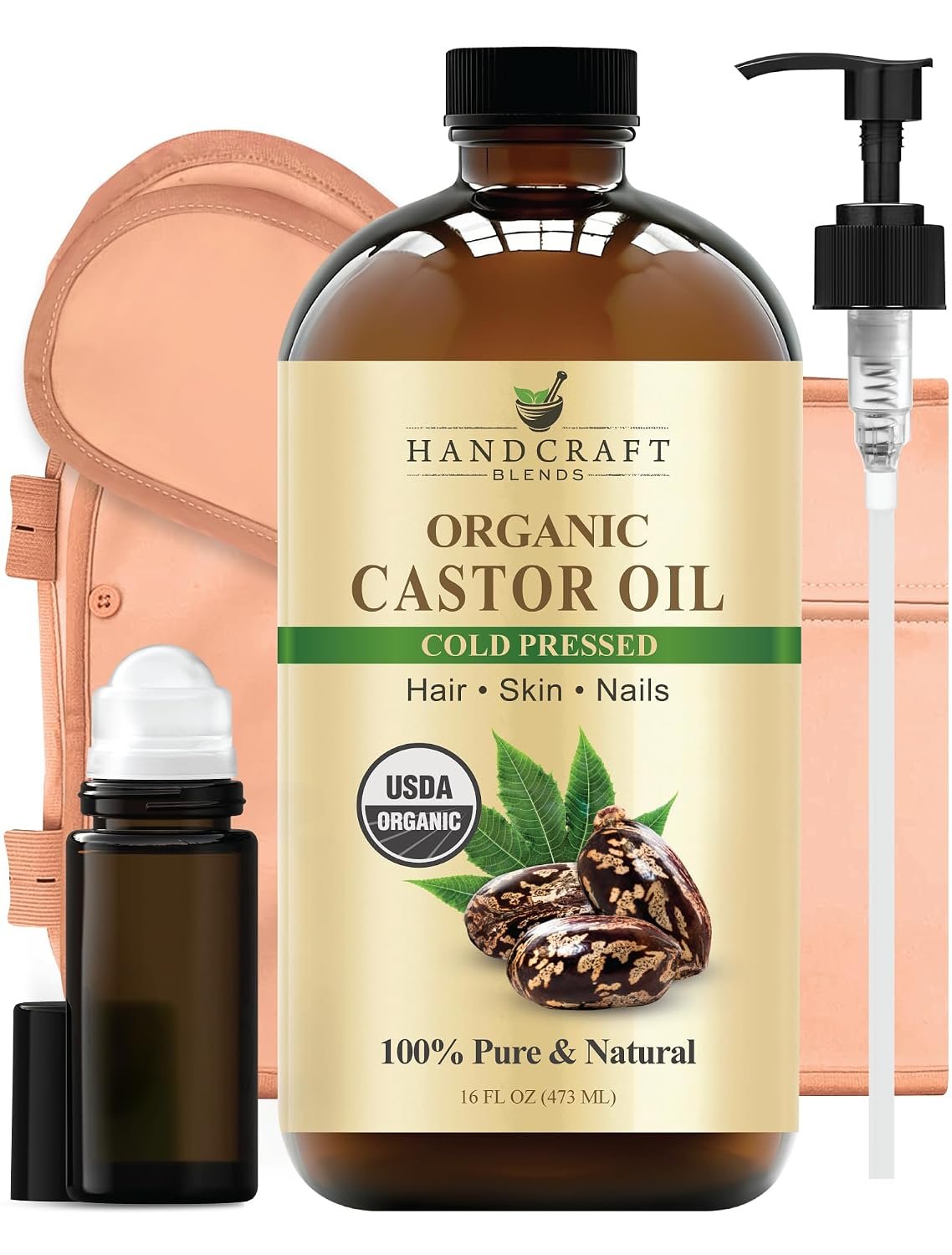 Handcraft Blends Organic Cold-Pressed Castor Oil, Roll-On & Wrap – 16 Fl Oz