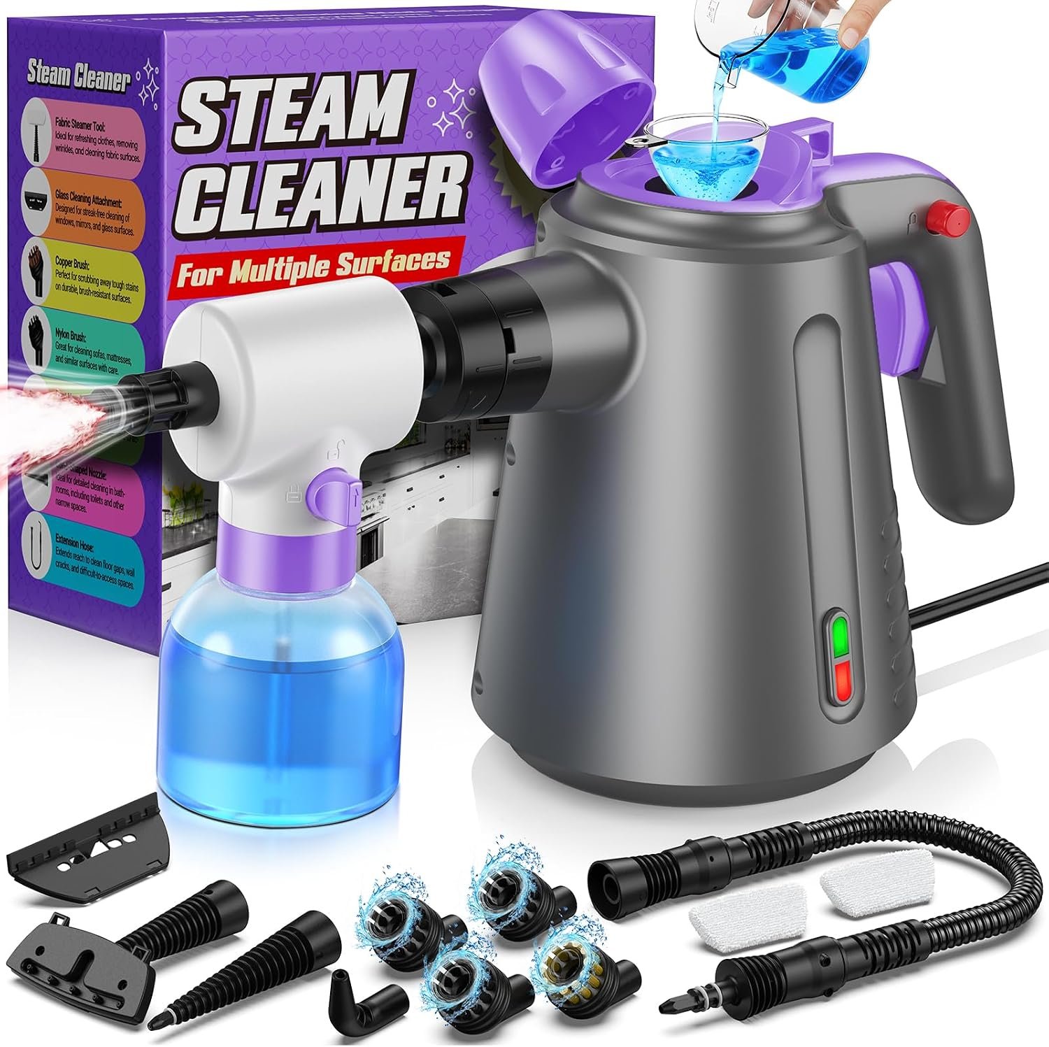 Steam Cleaner for Home, Pressurized Handheld Steamer for Cleaning Upholstery Bed Furniture Couch Carpet Car with 14 Multi Purpose Accessories & Safety Lock, Small Container for Grease