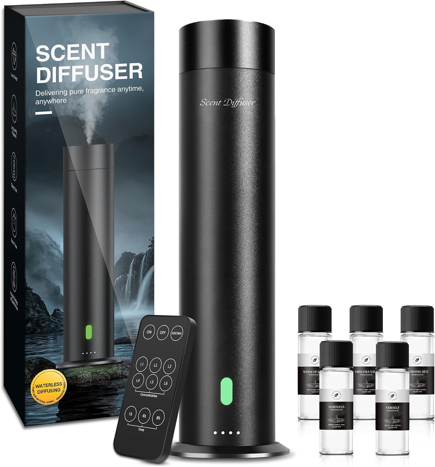 Waterless Diffuser Starter Kit with 5 Scent Oils – Cold Air Diffuser Machine for Home, Hotels and Large Room, 1000 Sq.Ft Coverage Hotel Scent Essential Oil Diffuser, Remote Control, 4.05 Oz, Black