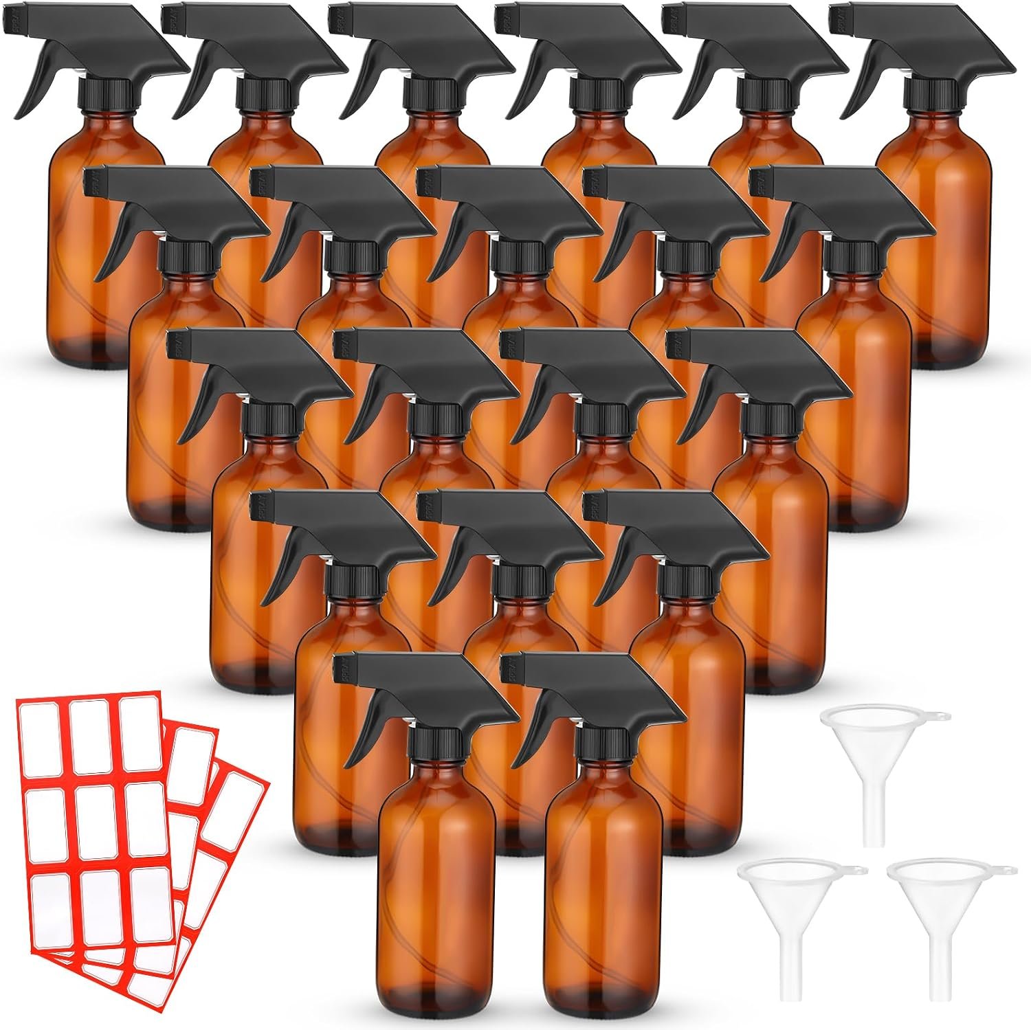 Norme 24 Sets 8 oz Glass Spray Bottles with Funnels Labels, Amber