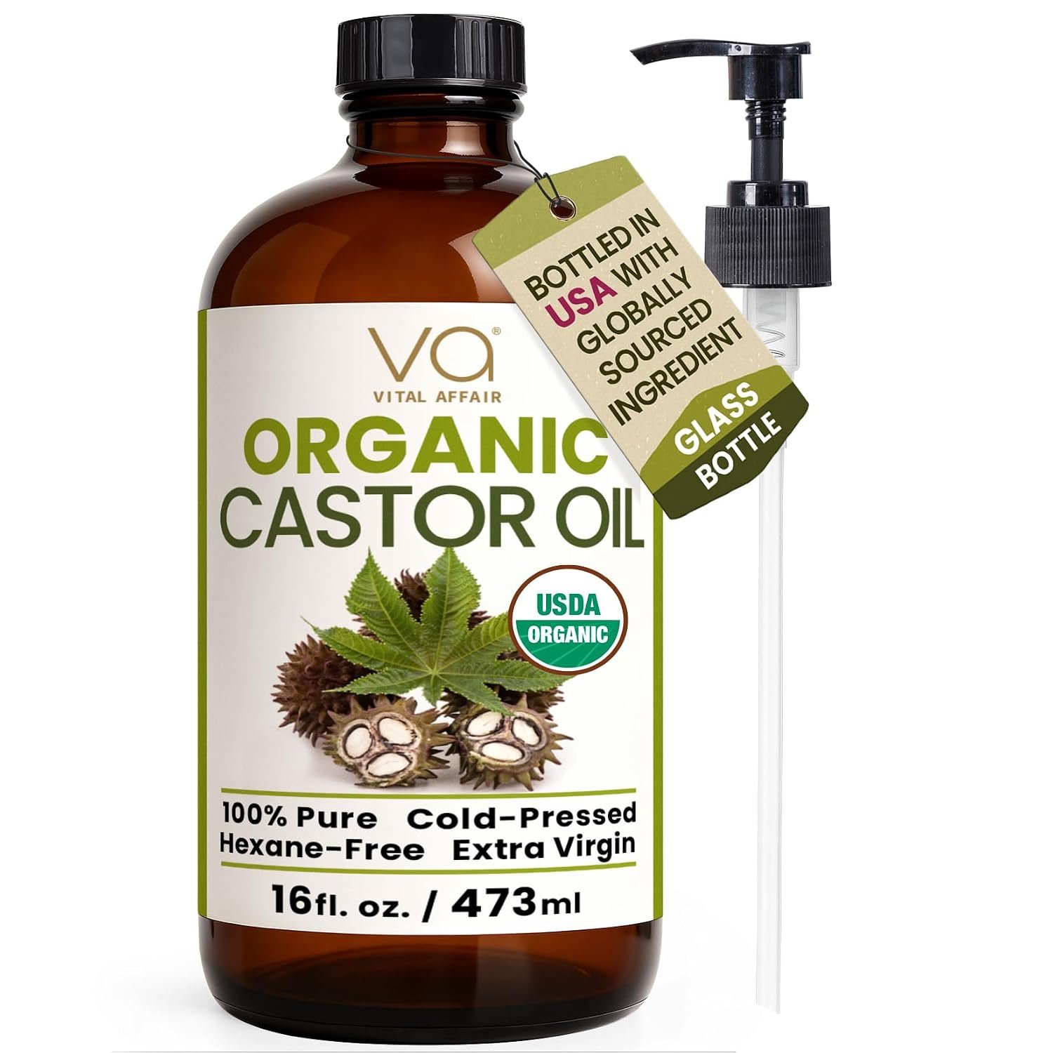 Castor Oil Organic Cold Pressed Glass Bottle 16oz For Hair Growth, Eyebrow