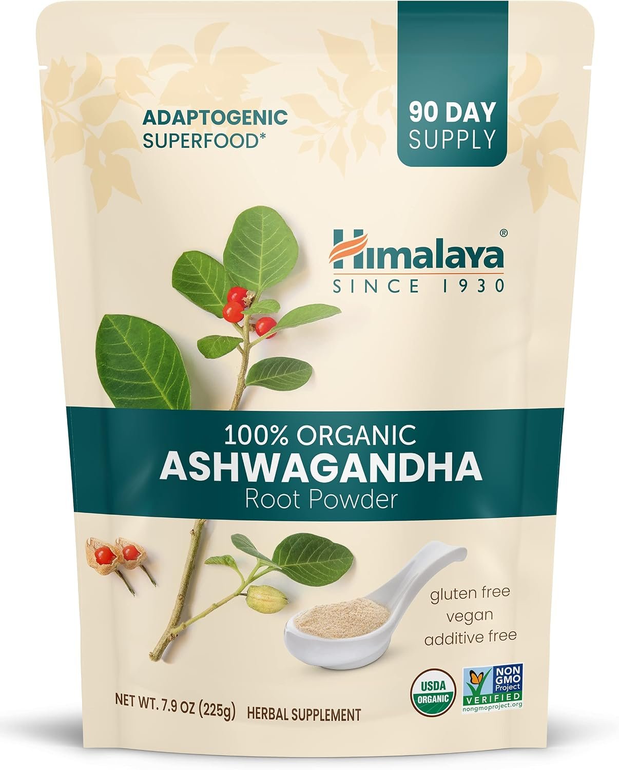 Himalaya 100% USDA Certified Organic Ashwagandha Root Powder Herbal Supplement, Supports Relaxation, Stress Relief, Energy, Occasional Sleeplessness, Non-GMO, Vegan, Flavorless, 7.9 Oz Bag