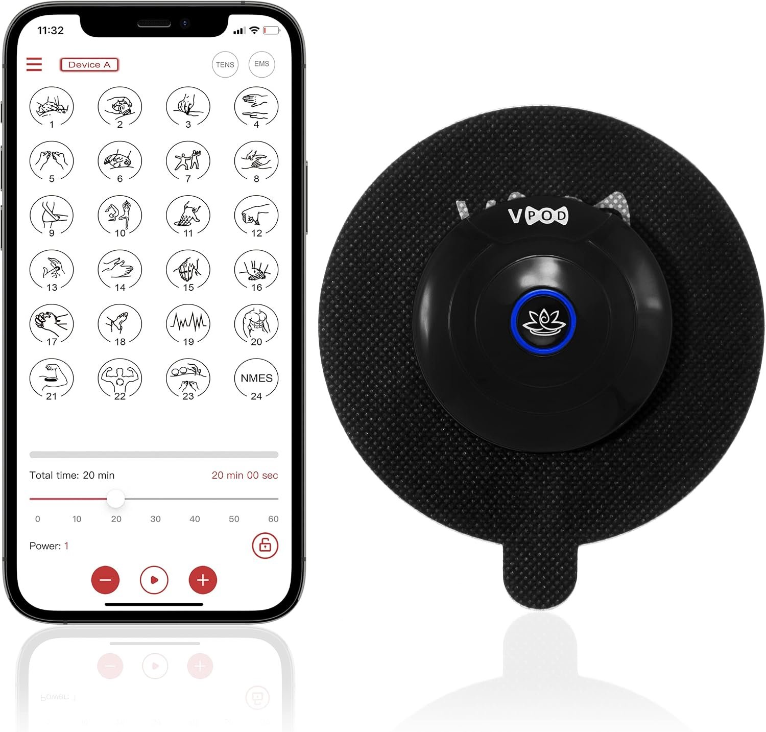 VPOD Single Wireless TENS Unit – 24 Modes – USB Rechargeable