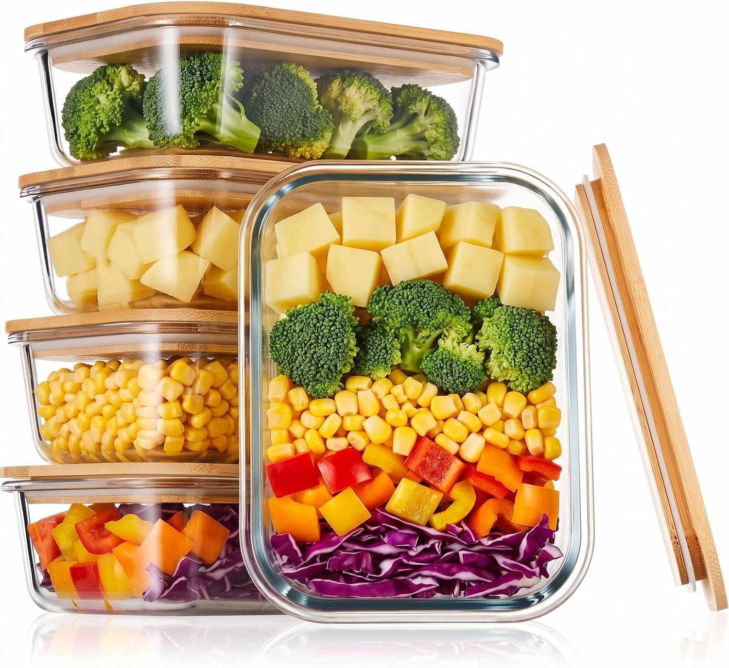 Tessco for you 5 Pack Glass Food Storage Containers with Bamboo Lids,36 Oz
