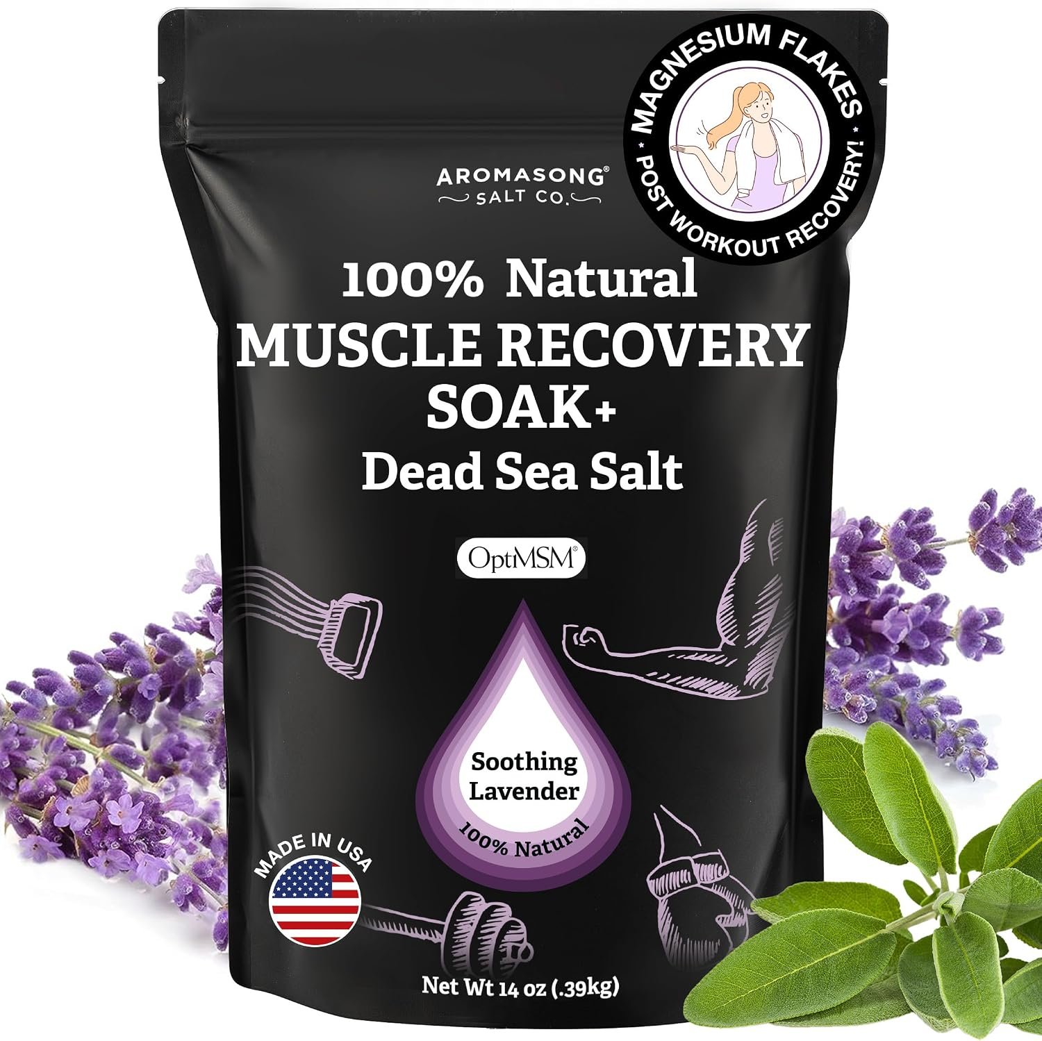 Aromasong Muscle Recovery Bath Soak – Enriched with Dead Sea Salt, OptiMSM, Magnesium Flakes & Essential Oils | Pain Relief Bath Soak for Post-Workout Soreness | Made in USA, 14 oz Bag