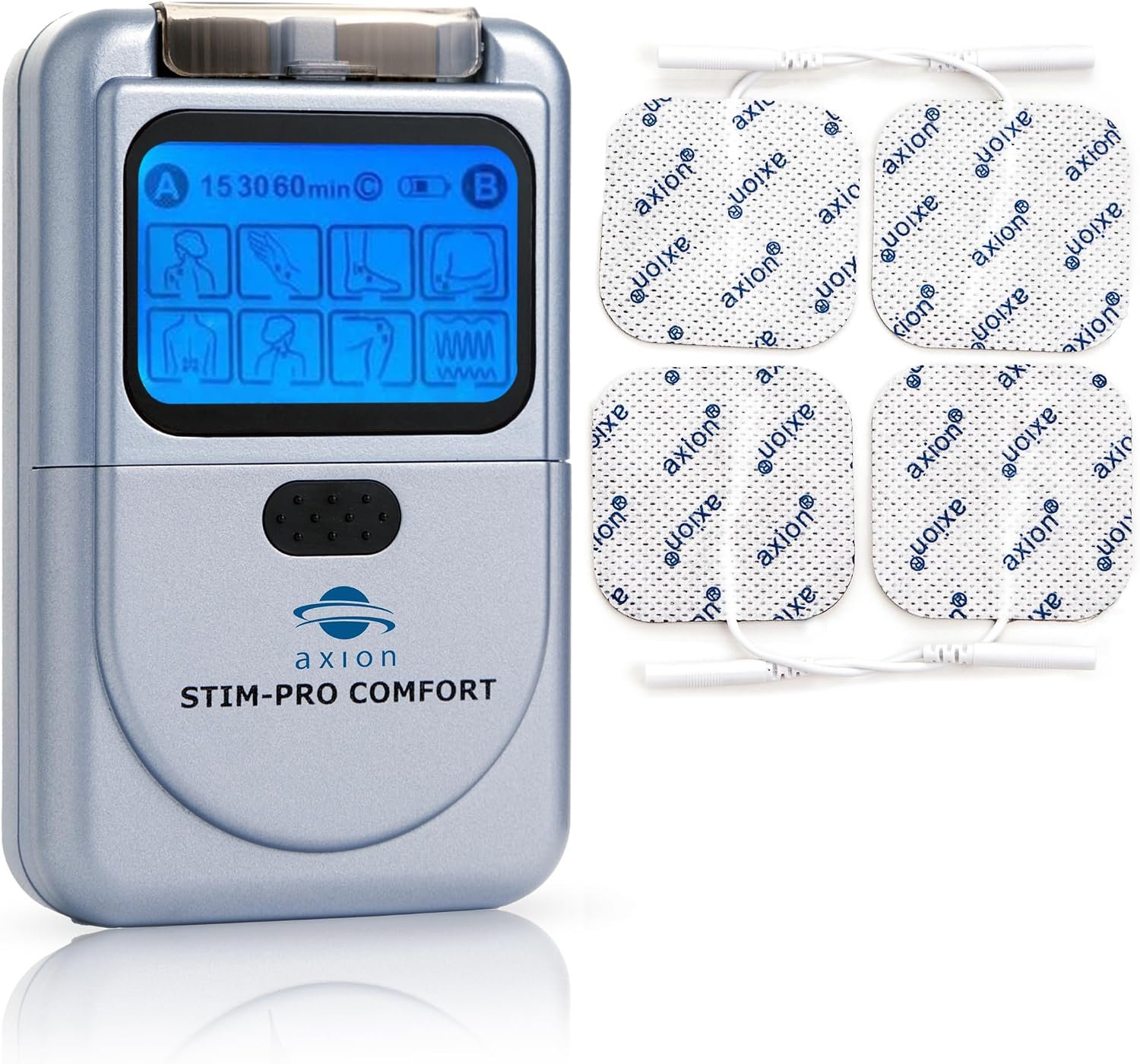 axion TENS Unit STIM-PRO Comfort – with 4 pcs of 2×2‘‘ Electrode Pads | TENS Machine Muscle and Nerve Stimulator for Drug-Free Pain Relief for Sore and Aching Muscles Like Back Pain