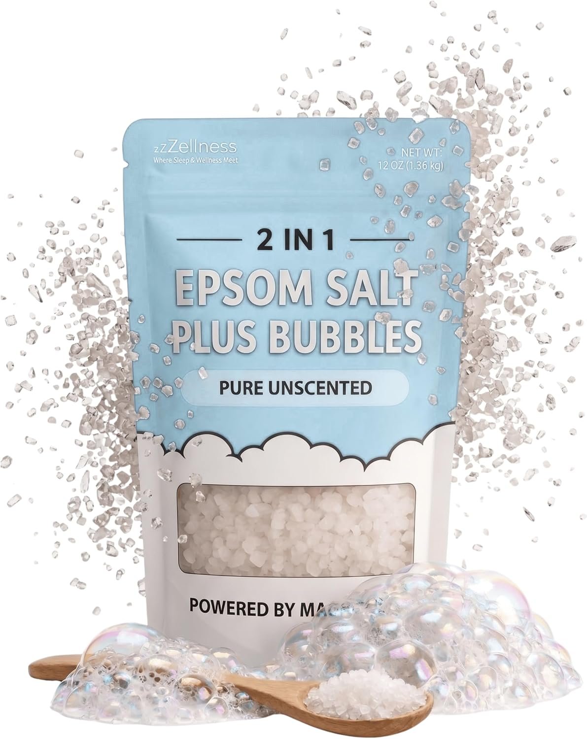 Epsom Salt Plus Bubbles – Pure Unscented Foaming Bath Soak – Magnesium Sulfate for Muscle Recovery, Stress Relief & Relaxation – Great for Aromatherapy – 12 oz