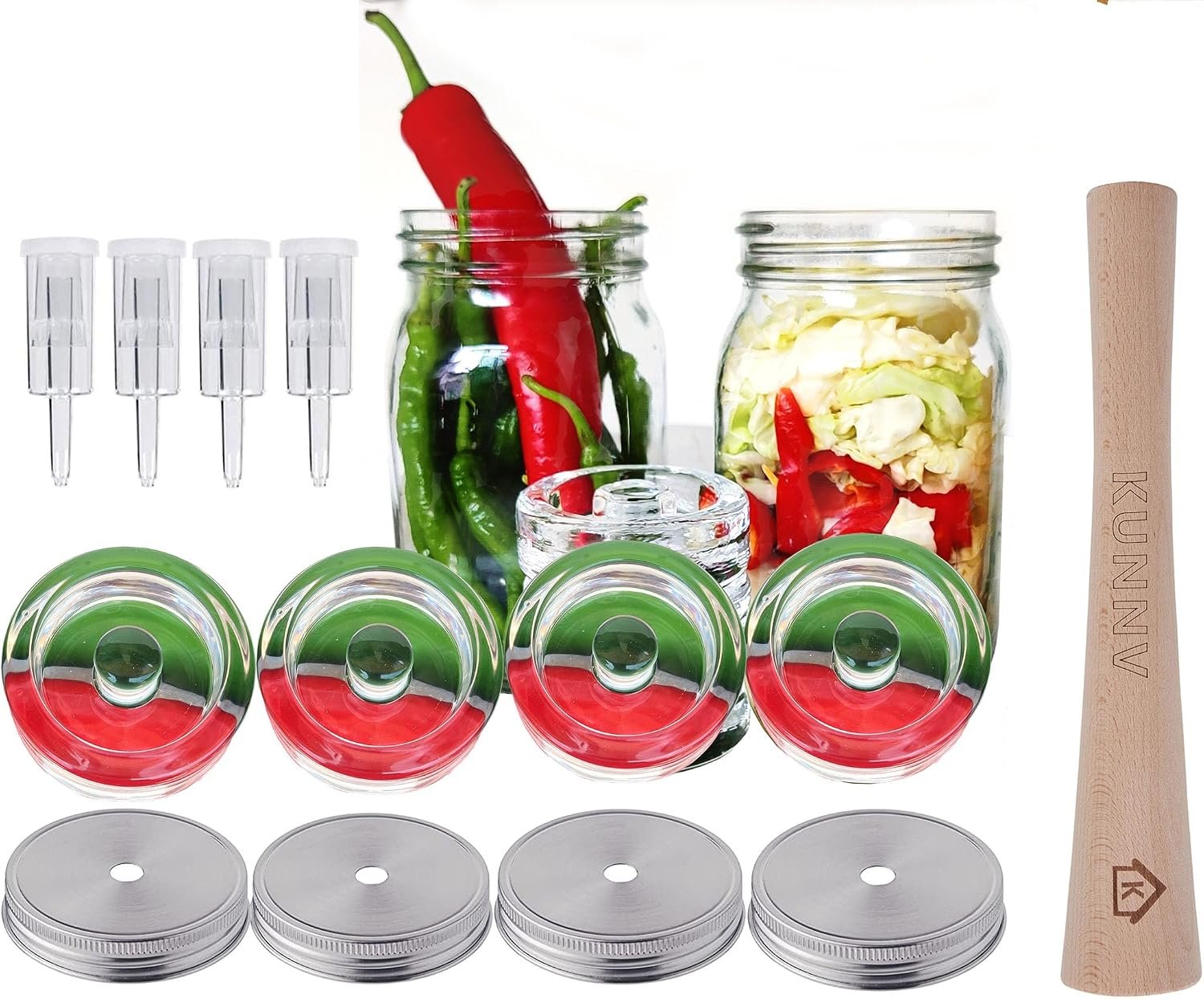 Complete Mason Jar Fermentation Kit – Sauerkraut Pounder + 4pc Glass Weights + 4pc water airlocks Easy Wide Mouth Jars Vegetable Fermenting Set -Suitable for 86MM mason jar (Jars Not Included)