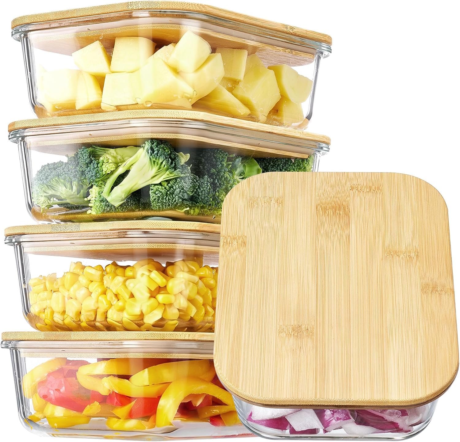 Vtopmart 5 Pack Glass Food Storage Containers with Bamboo Lids, 35oz
