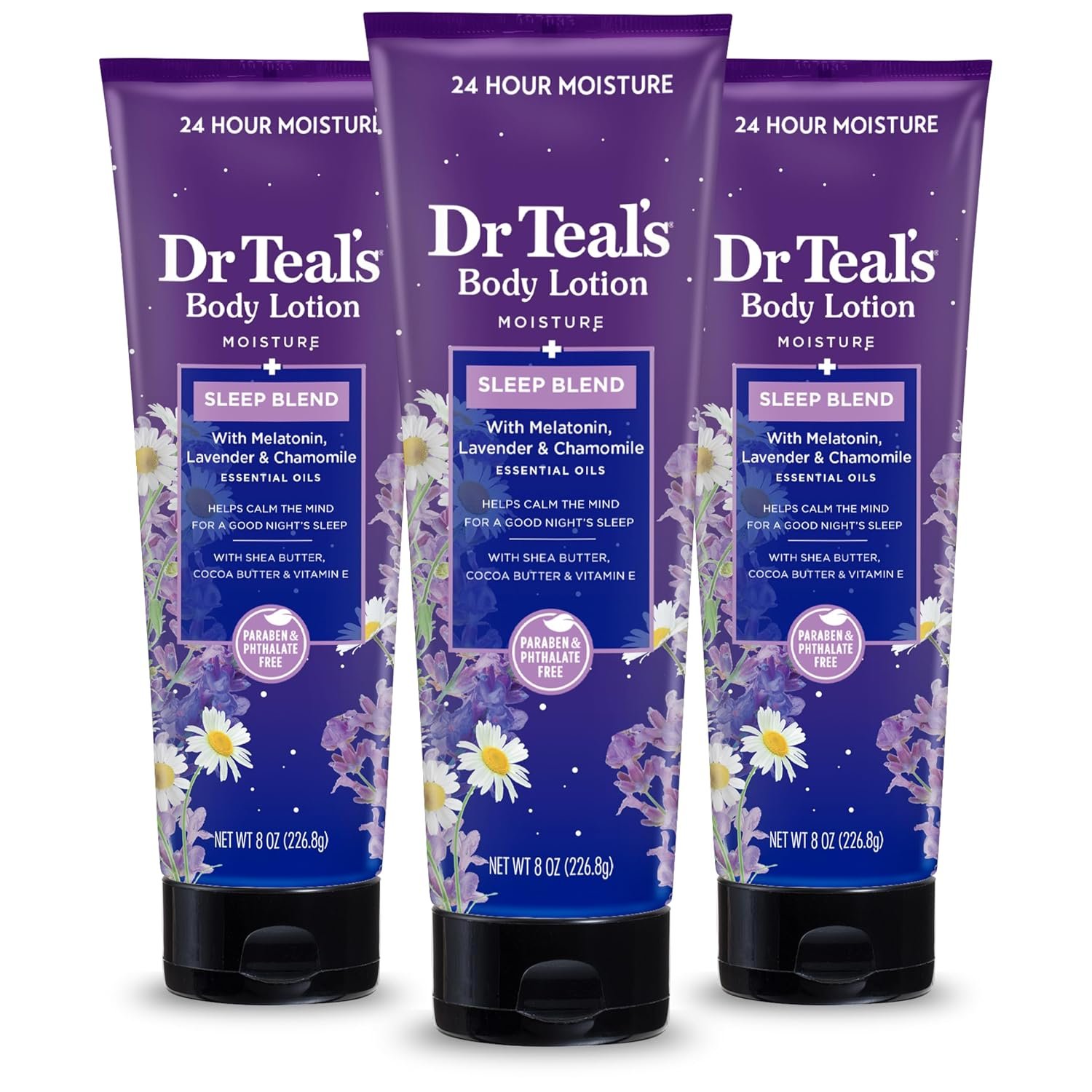 Dr Teal’s Sleep Body Lotion, 24-Hour Moisture, with Melatonin, Lavender & Chamomile Essential Oils, 8 fl oz (Pack of 3)