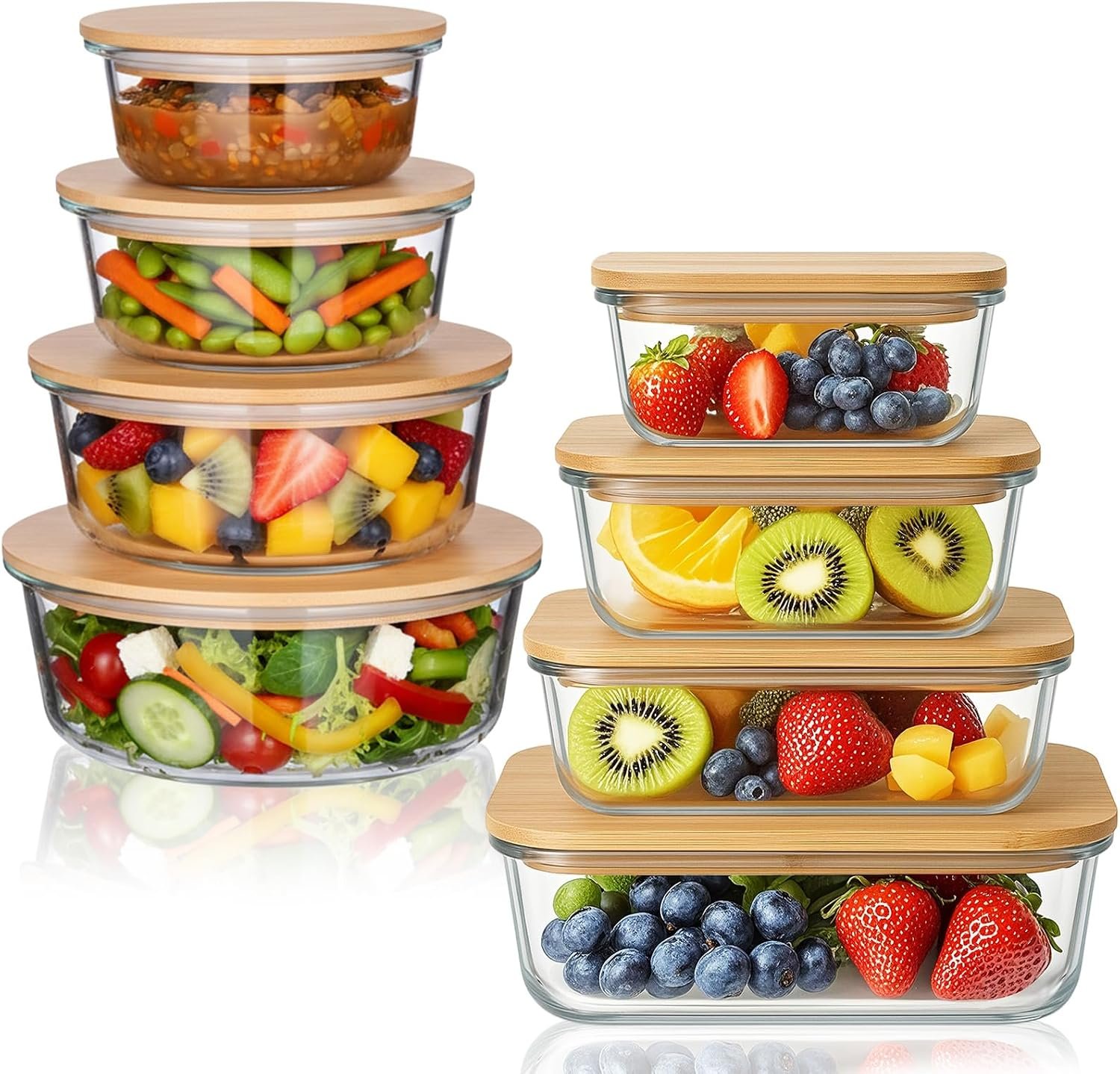 Suclain 8 Pcs Glass Food Storage Containers with Bamboo Lids, Combo, Multi
