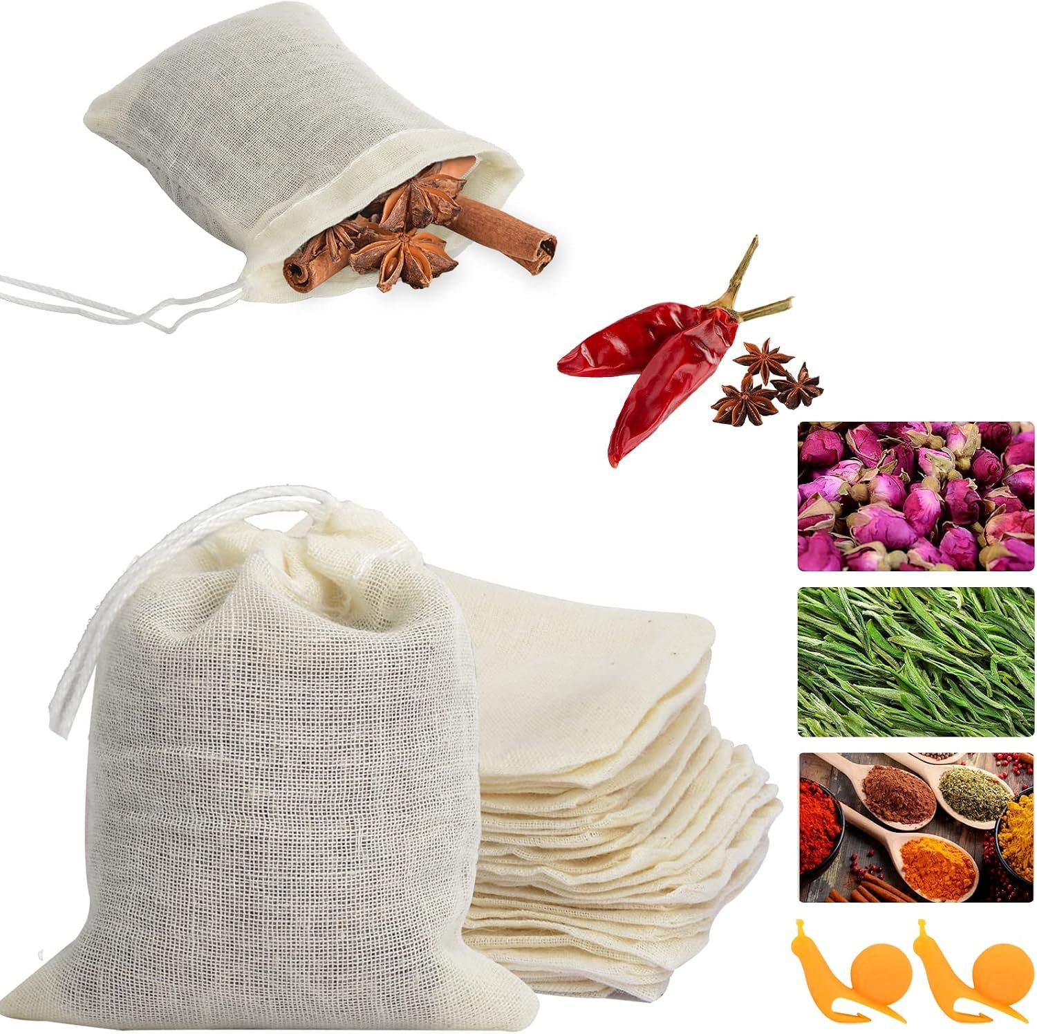 Numola 50Pcs Unbleached Cotton Tea Bags, Reusable Drawstring Tea Bag for Cooking Soup, Empty Natural Organic Tea Infuser Bag for Coffee Tea Bone Broth (3.2 x 2.4 inch)