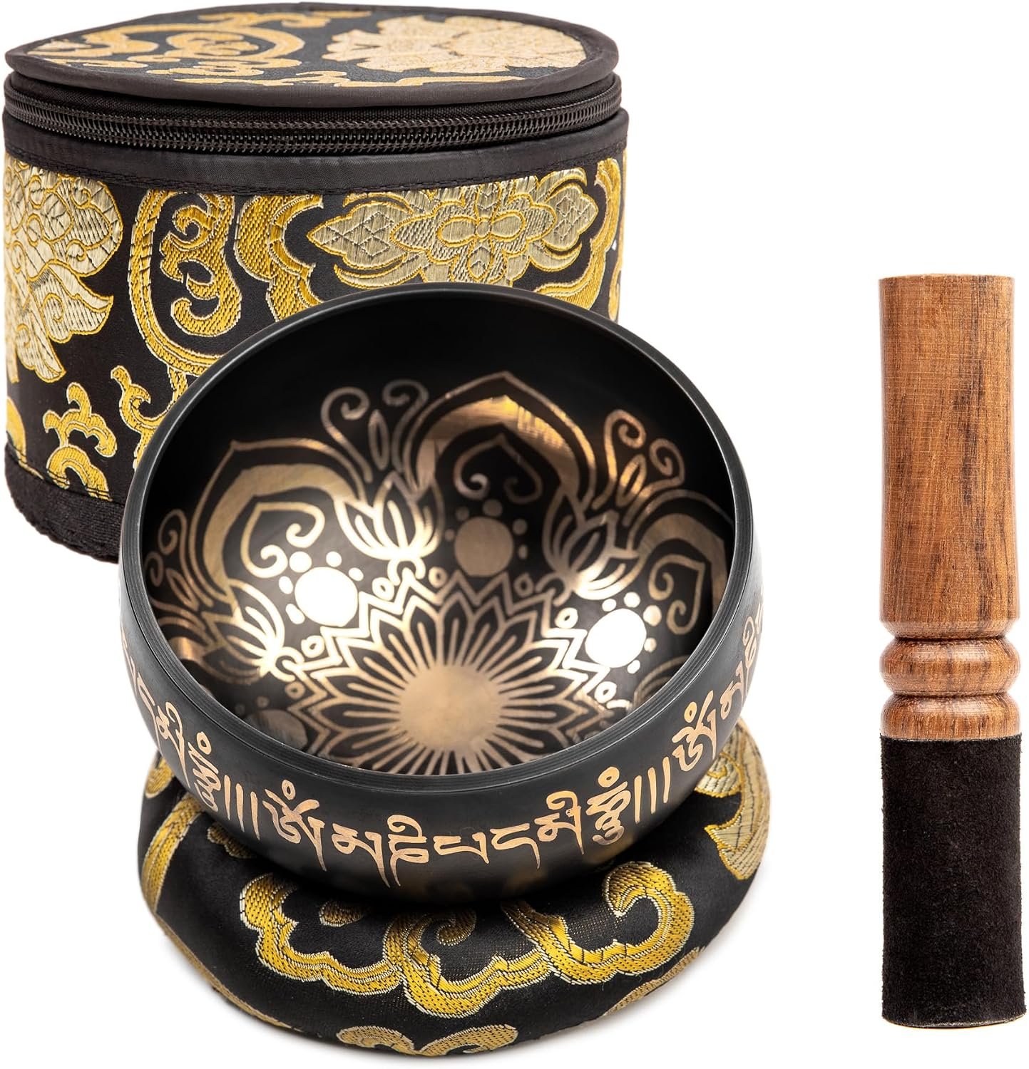 Tibetan Singing Bowl Set – 4″ Easy To Play Authentic Handmade For Meditation Sound 7 Chakra Healing By HIMALAYAN BAZAAR (Black with Box, 4″)