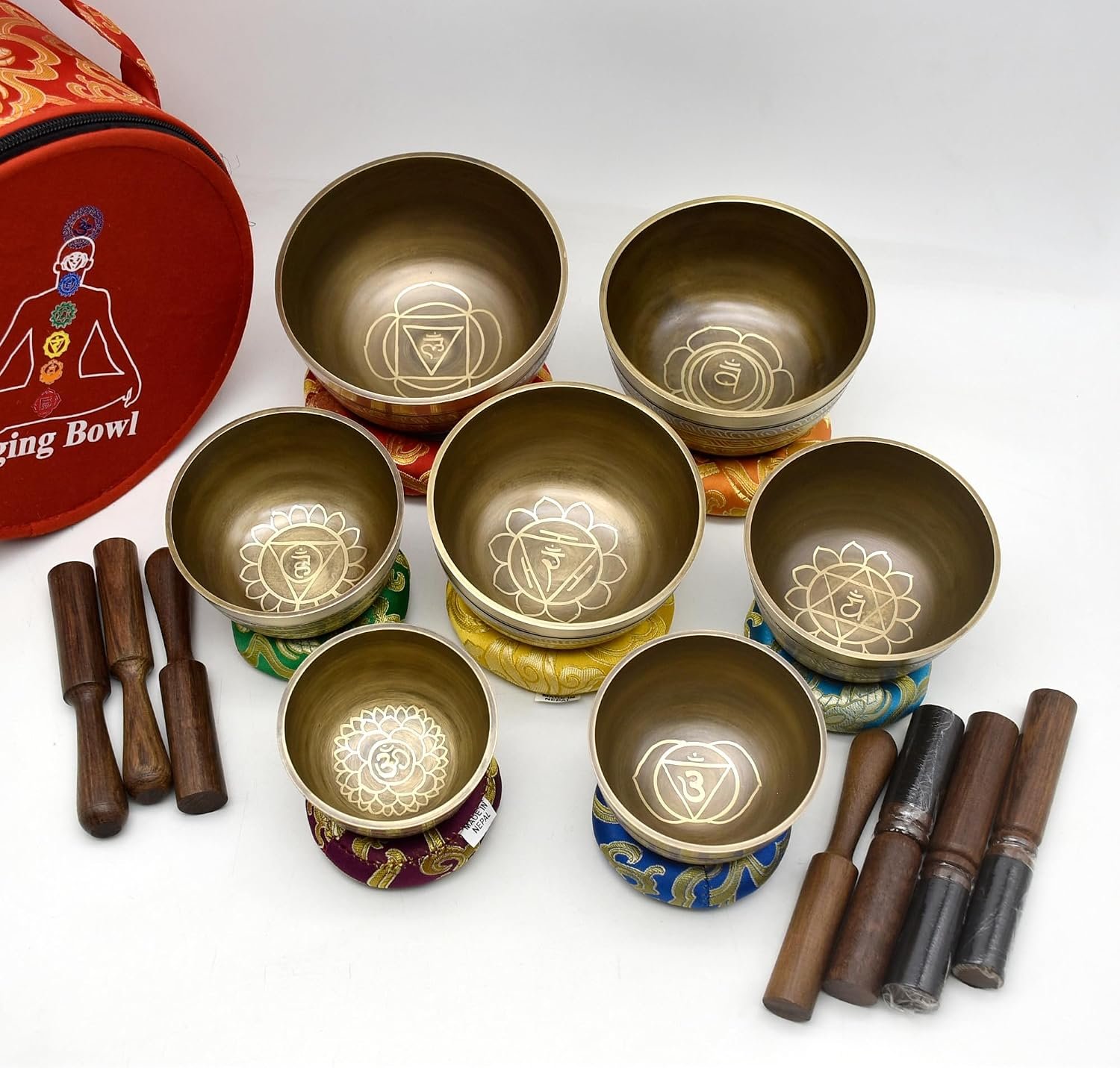 Natural Kasa Thado Singing Bowl Set of 7 Chakras – Handcrafted Tibetan Bronze Singing Bowls from Nepal with Mallets, Cushions & Carry Case – Sound Healing, Meditation, Yoga & Reiki Set